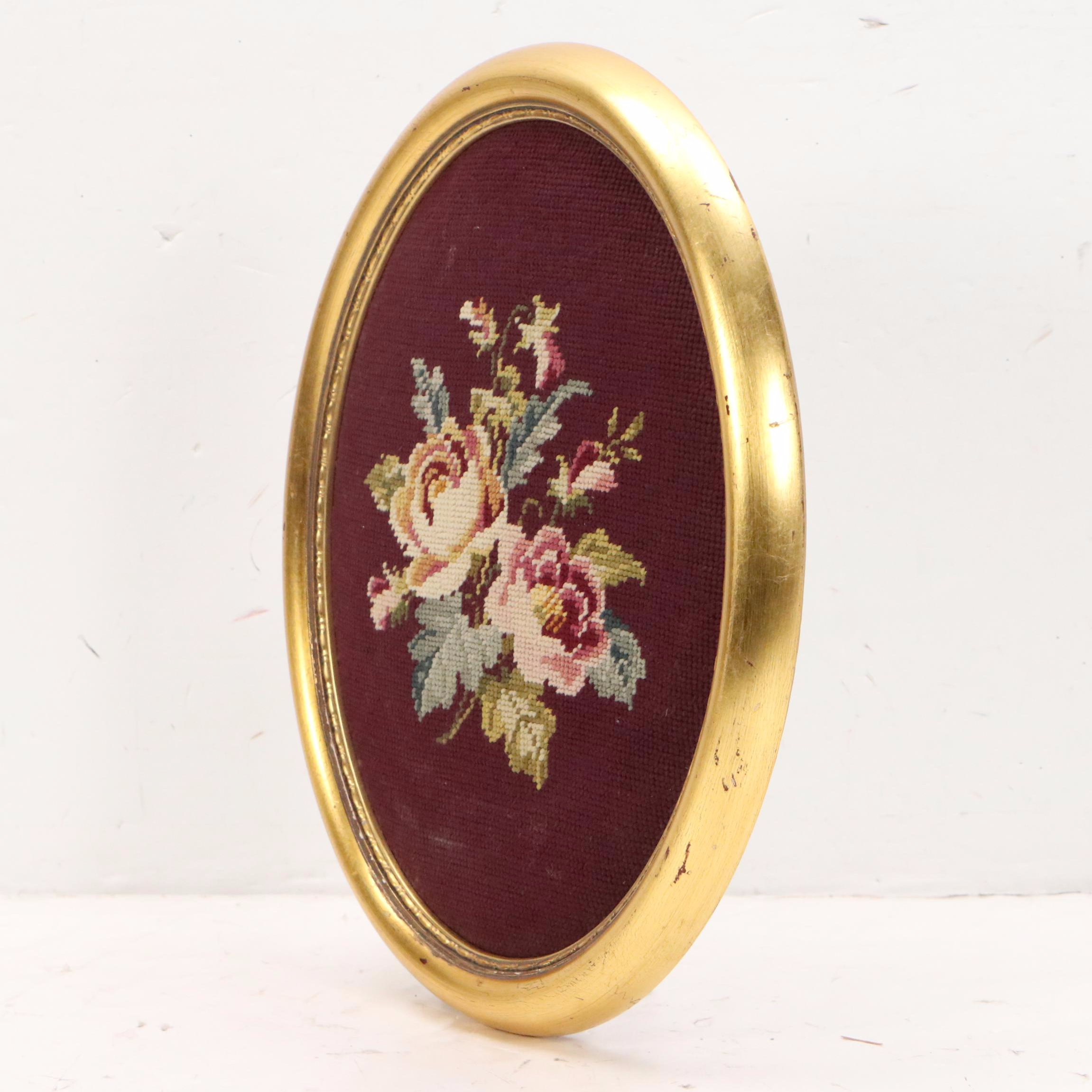 Handmade Needlepoint Floral Oval, Vintage