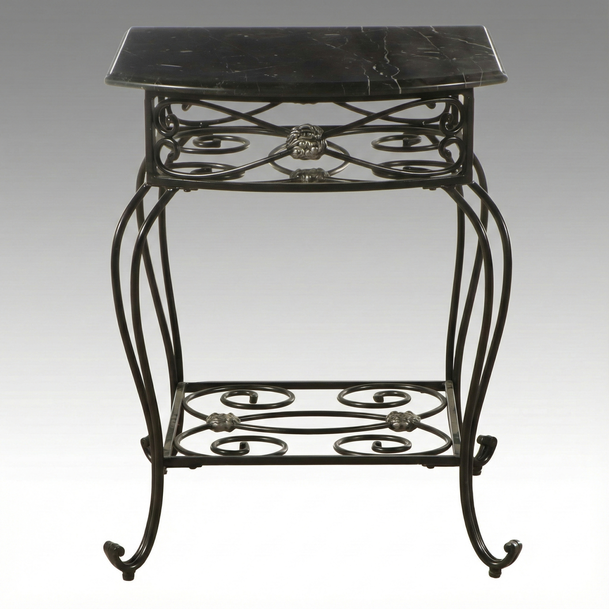 Neoclassical Style Marble Top Wrought Iron End Table