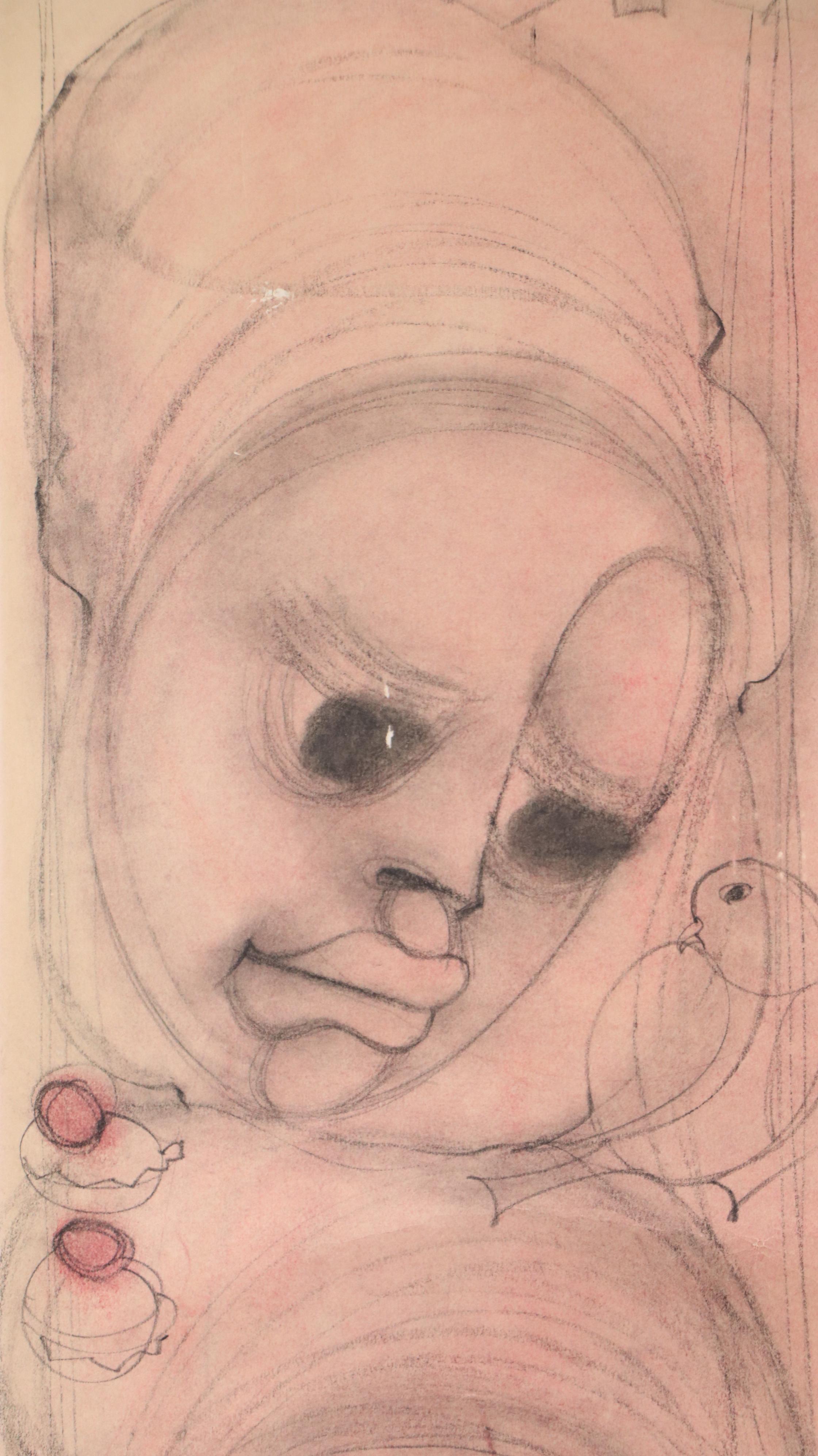 Ben Macala Charcoal and Pastel Drawing on Paper of Two Faces, 20th Century