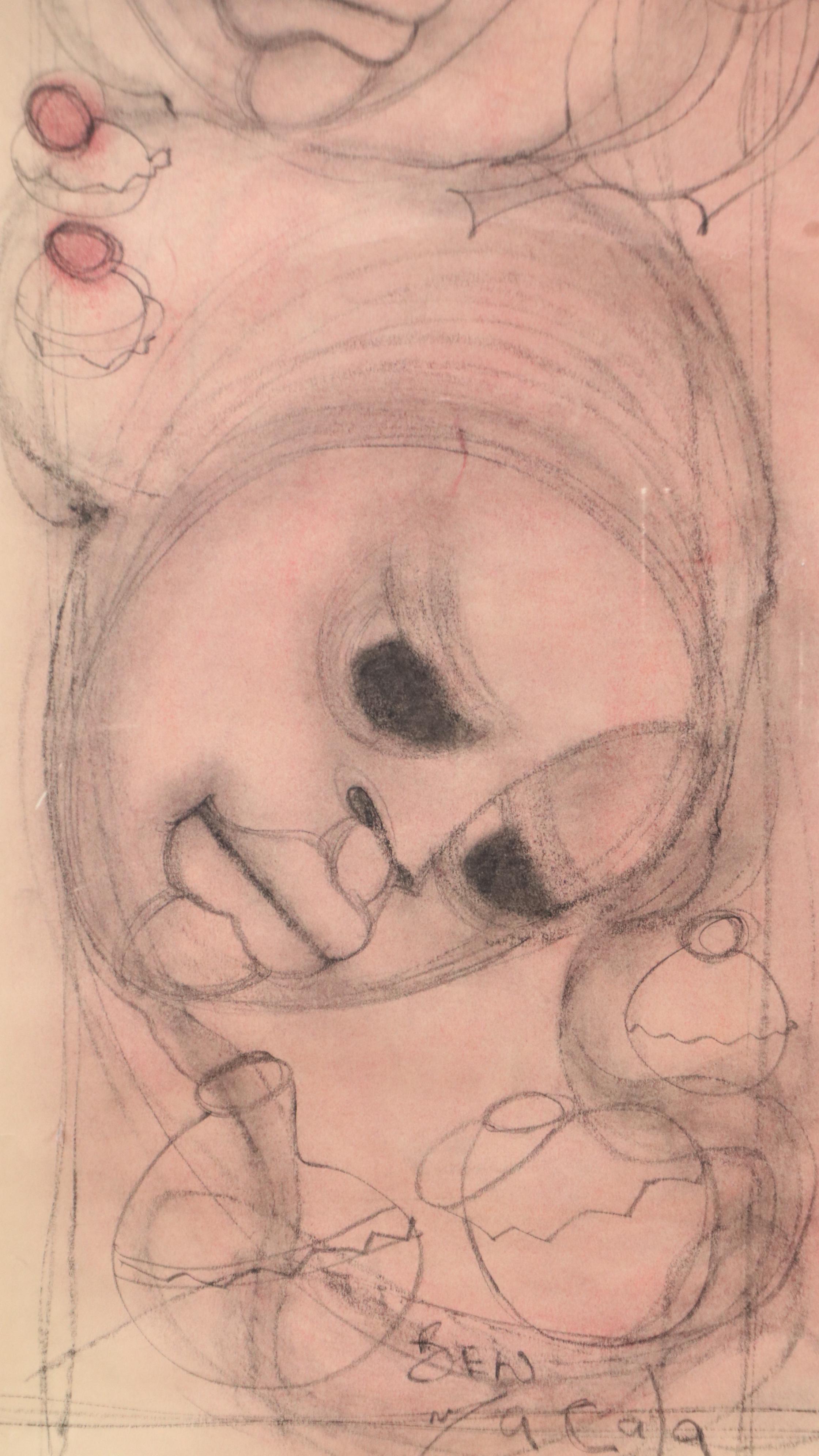 Ben Macala Charcoal and Pastel Drawing on Paper of Two Faces, 20th Century
