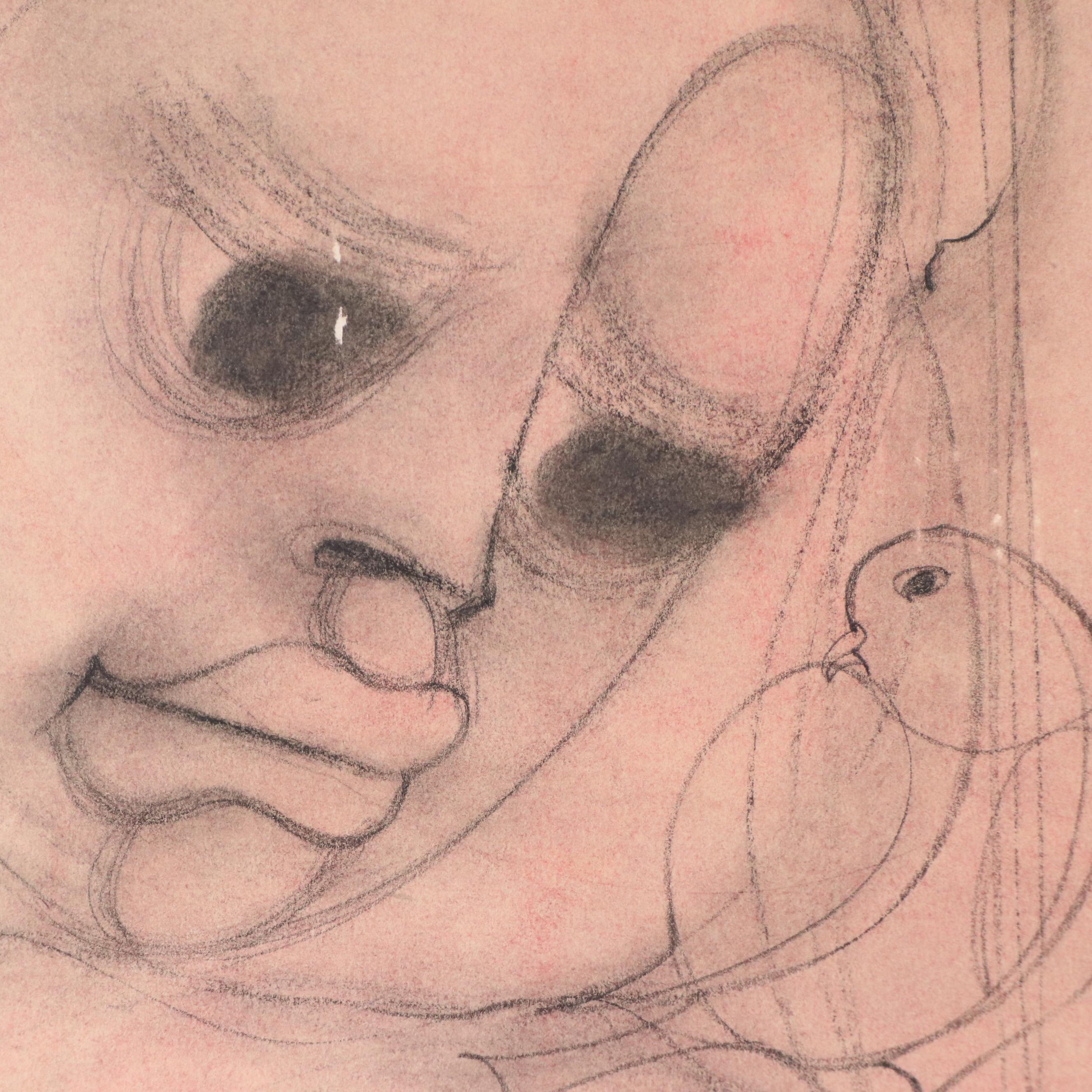 Ben Macala Charcoal and Pastel Drawing on Paper of Two Faces, 20th Century