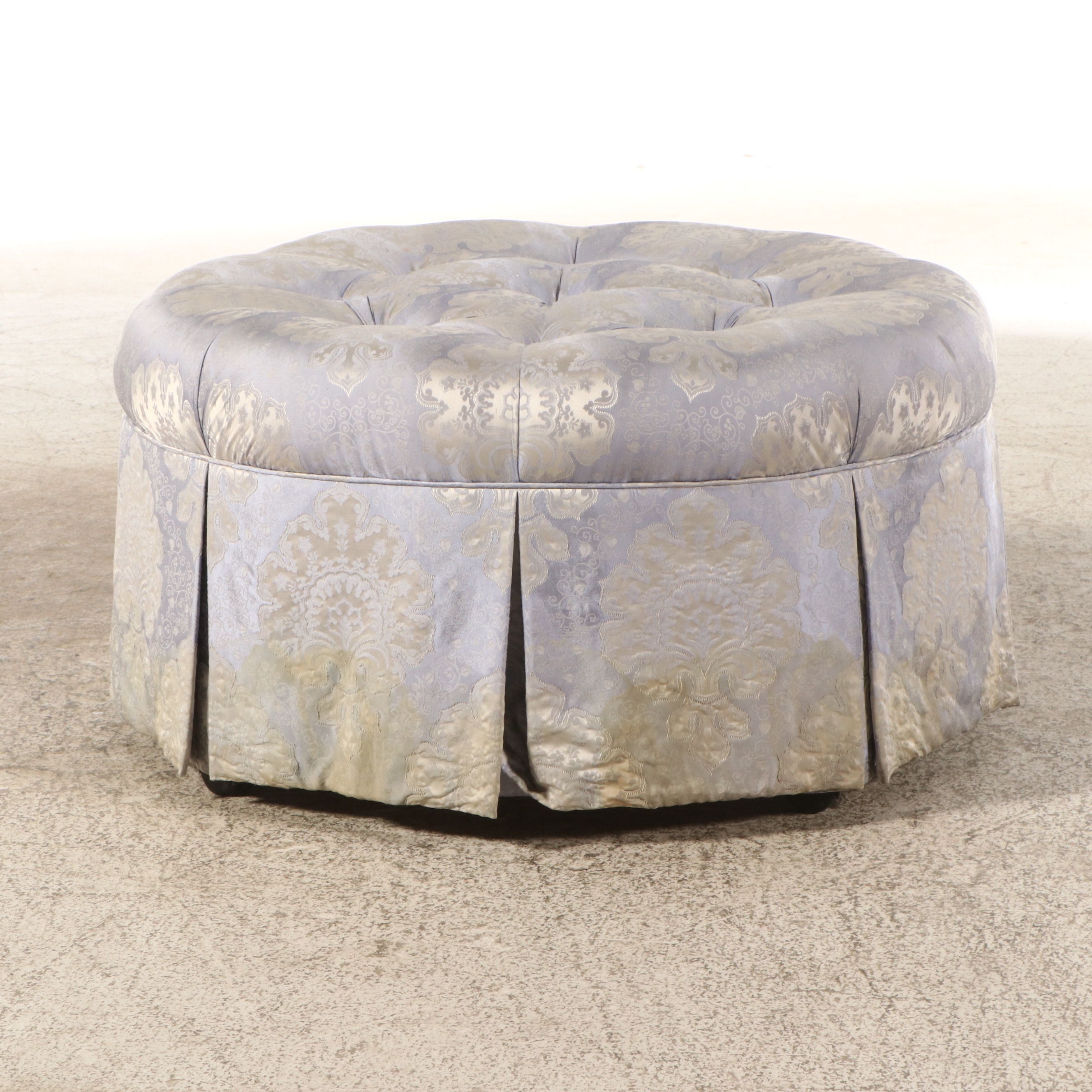 Lavender Damask Button-Tufted and Skirted Ottoman