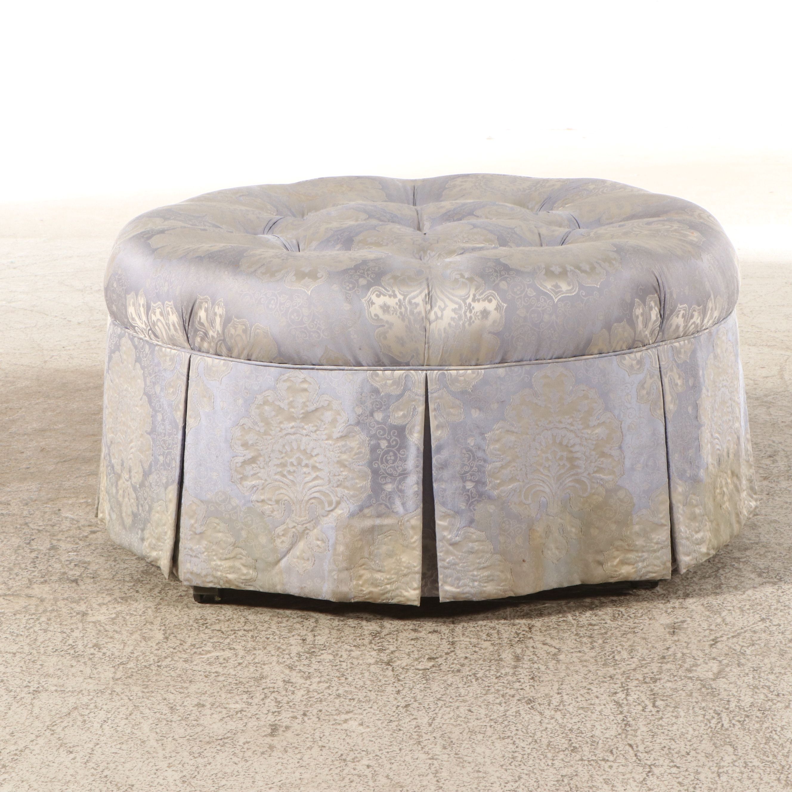Lavender Damask Button-Tufted and Skirted Ottoman
