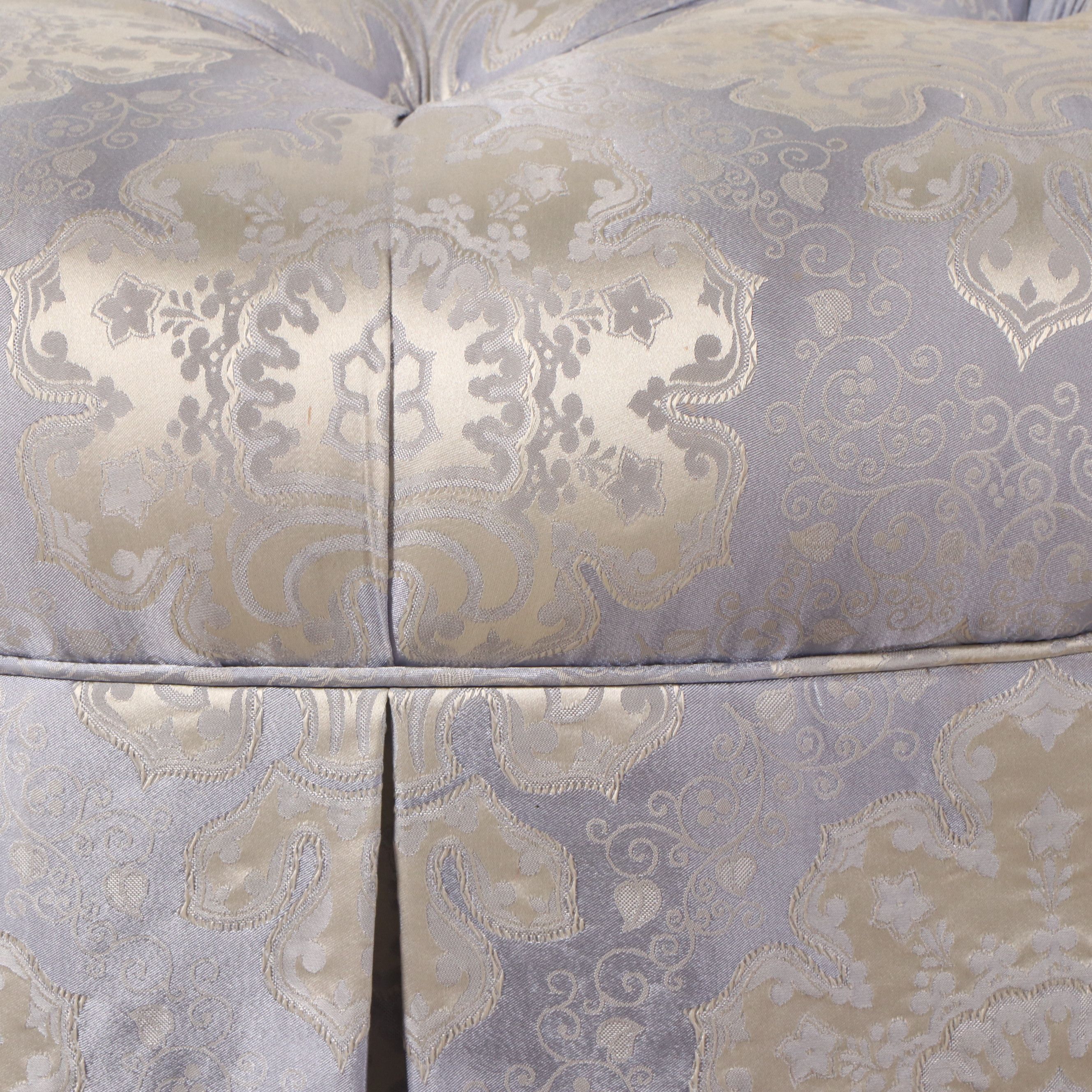 Lavender Damask Button-Tufted and Skirted Ottoman