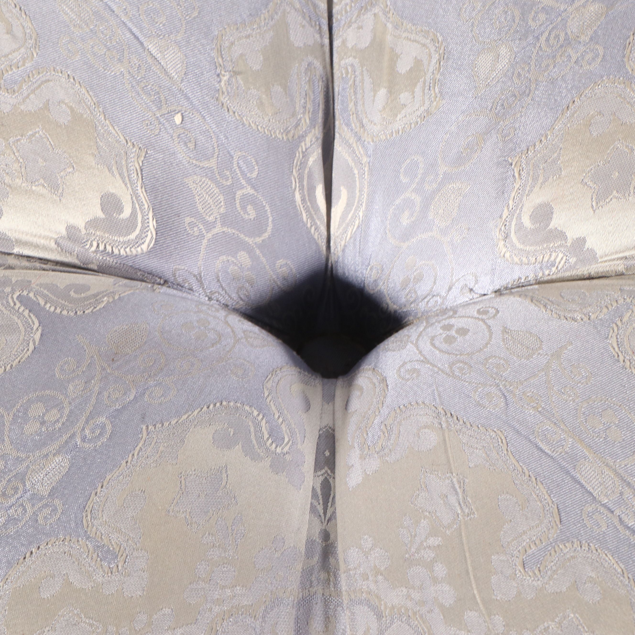 Lavender Damask Button-Tufted and Skirted Ottoman