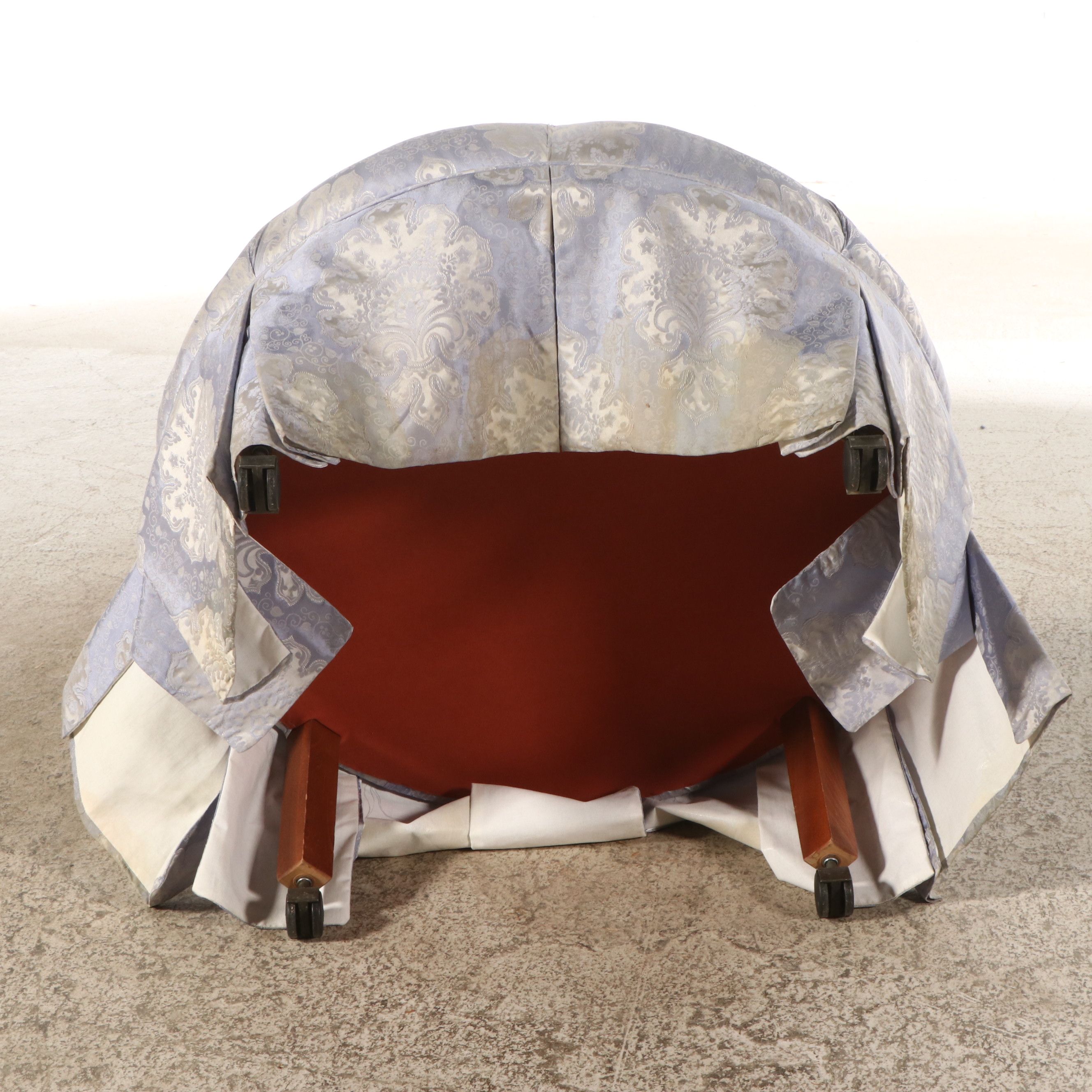 Lavender Damask Button-Tufted and Skirted Ottoman