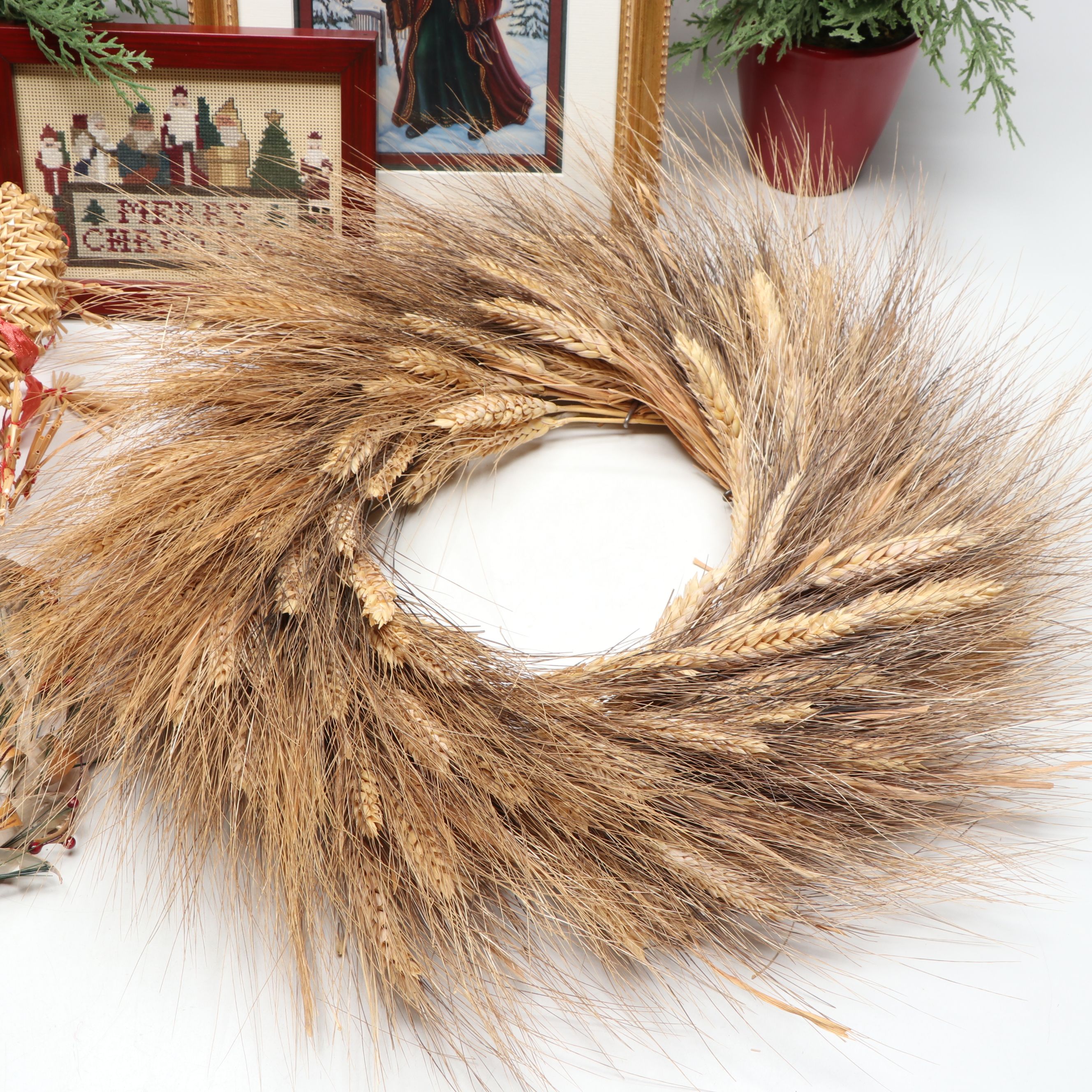 Artificial Wheat Wreath, Framed Christmas Needlepoint, and More Seasonal Décor