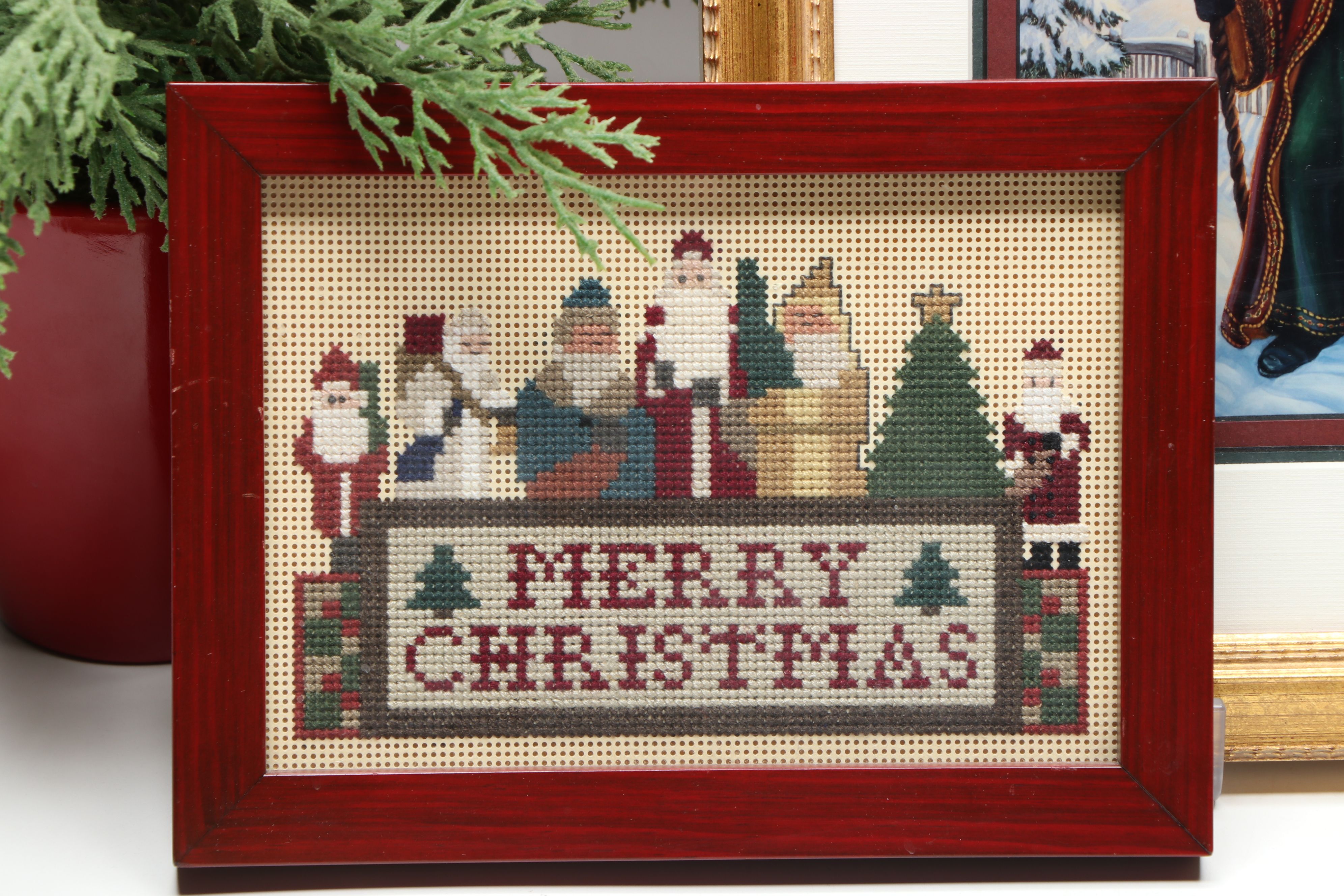 Artificial Wheat Wreath, Framed Christmas Needlepoint, and More Seasonal Décor