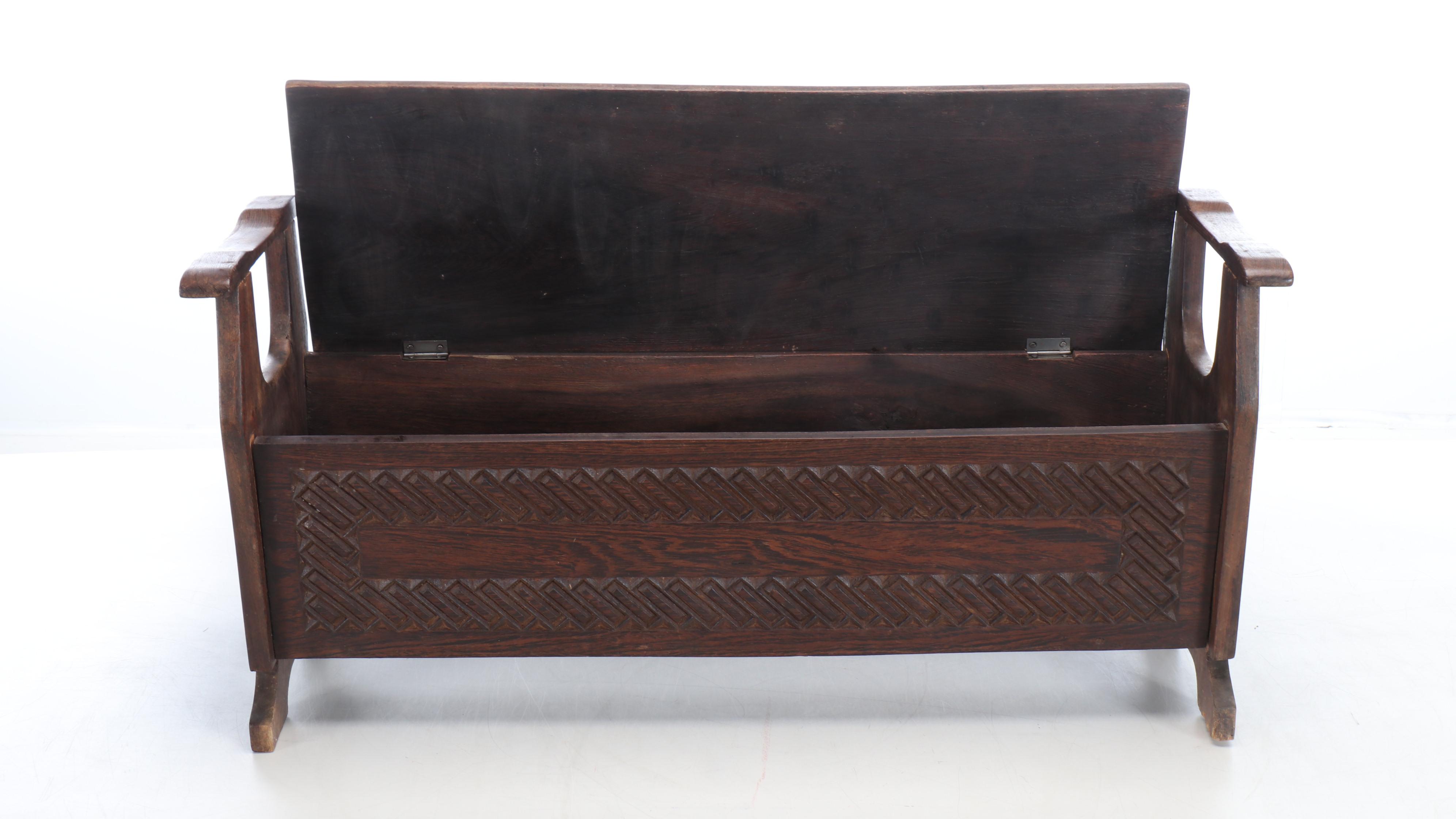 European Carved Oak Window Bench with Underseat Storage