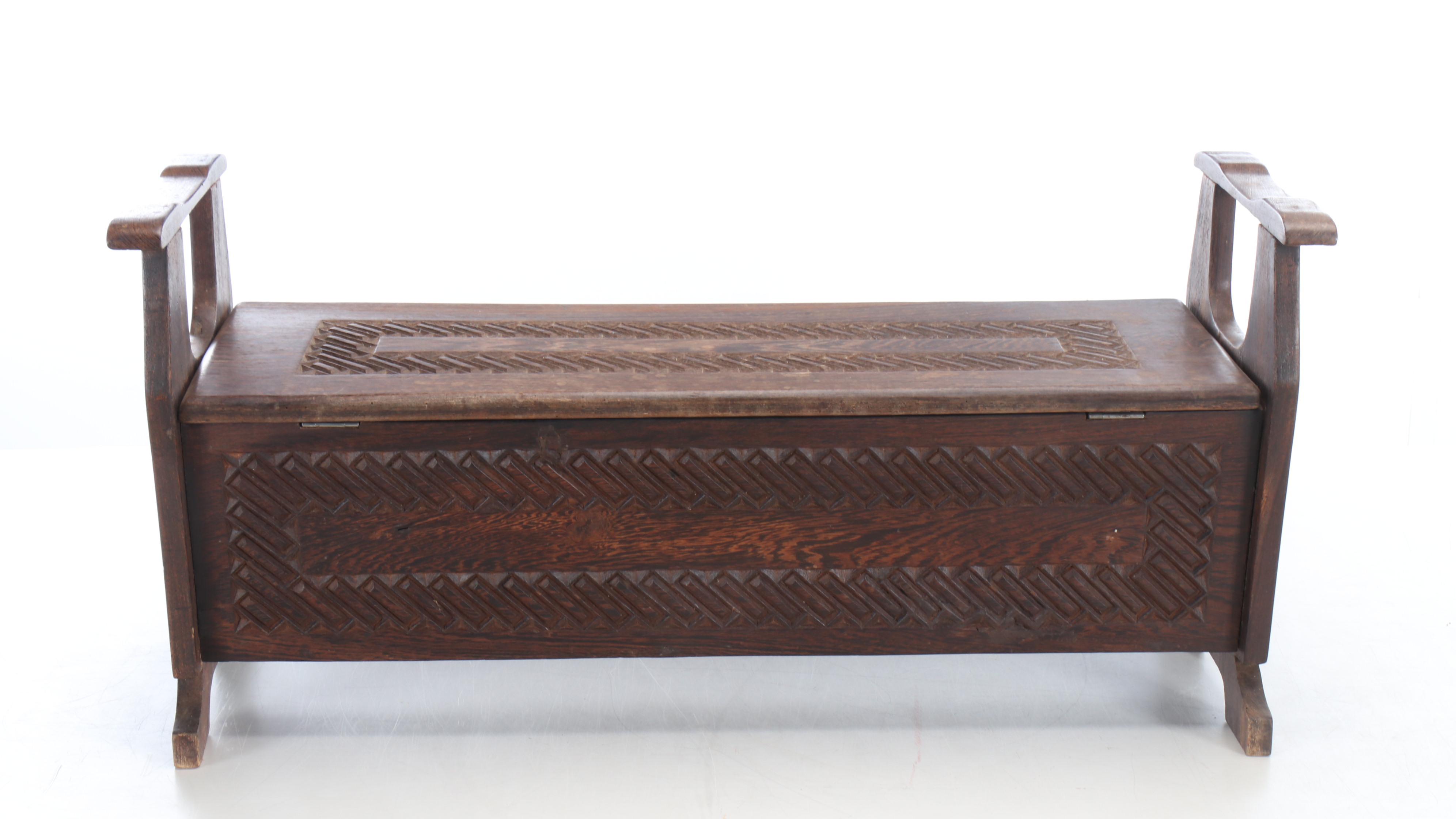 European Carved Oak Window Bench with Underseat Storage