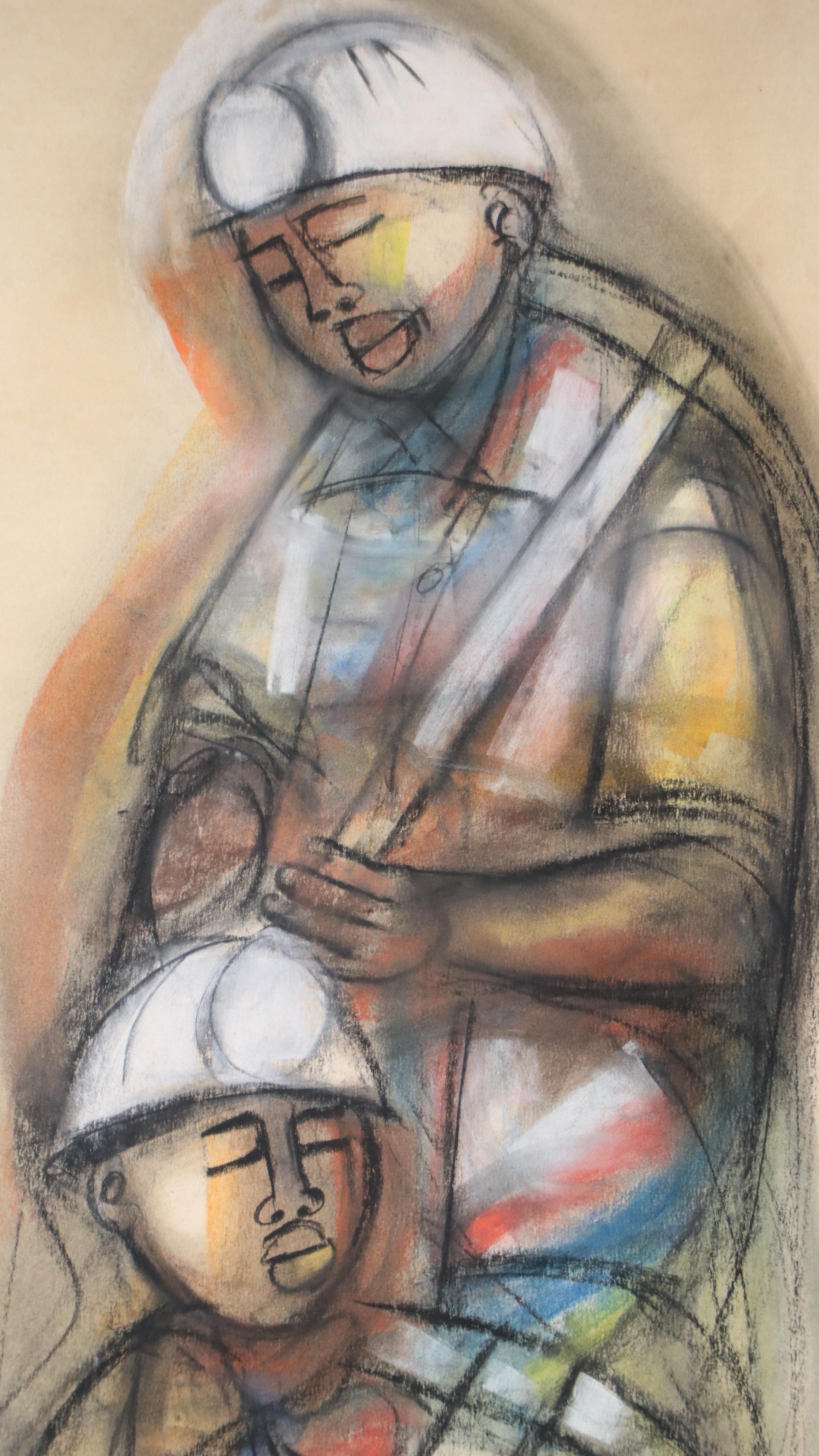 Godfrey Ndaba Stylized Oil Pastel Drawing of Miners, 1982