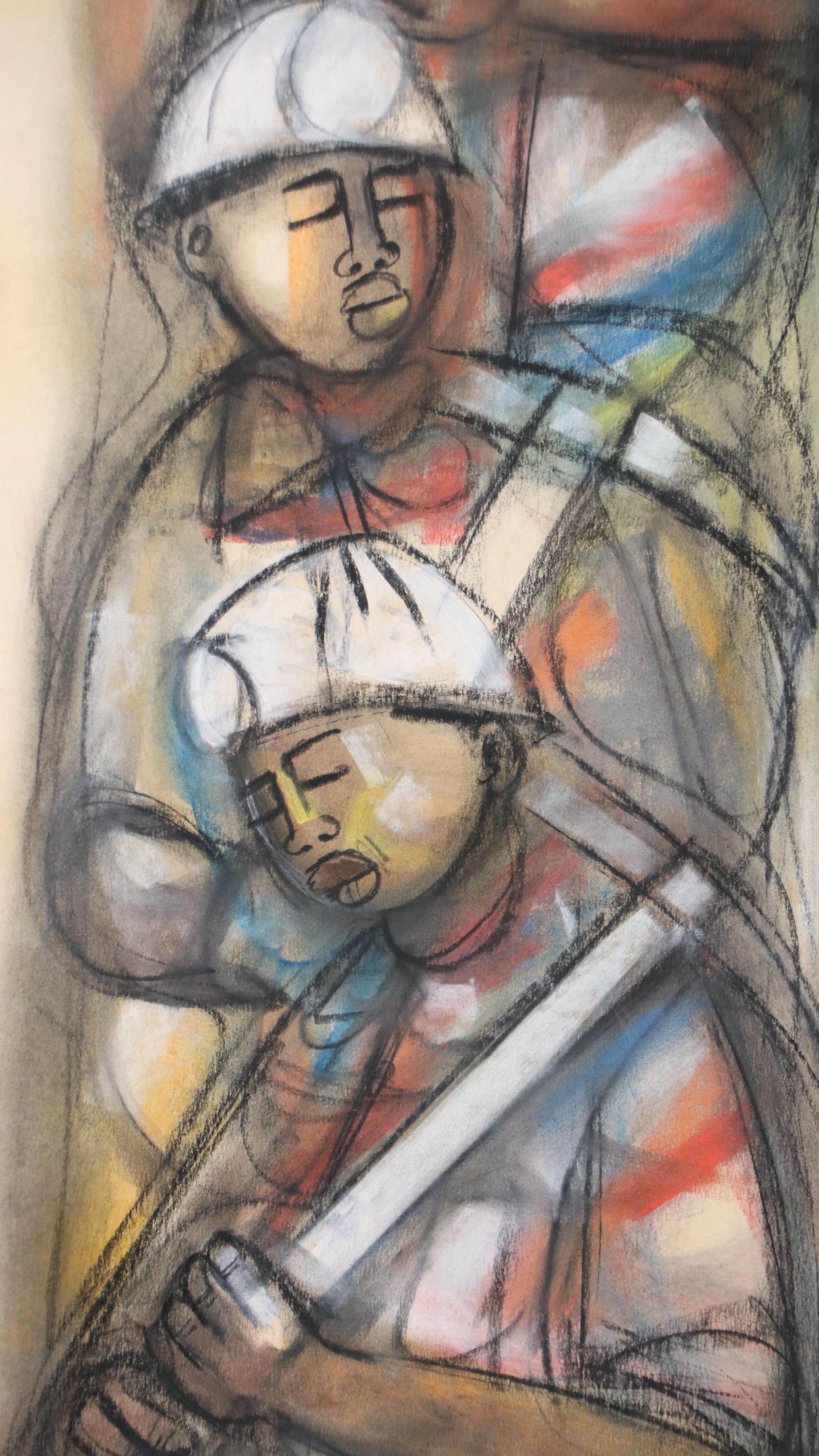 Godfrey Ndaba Stylized Oil Pastel Drawing of Miners, 1982