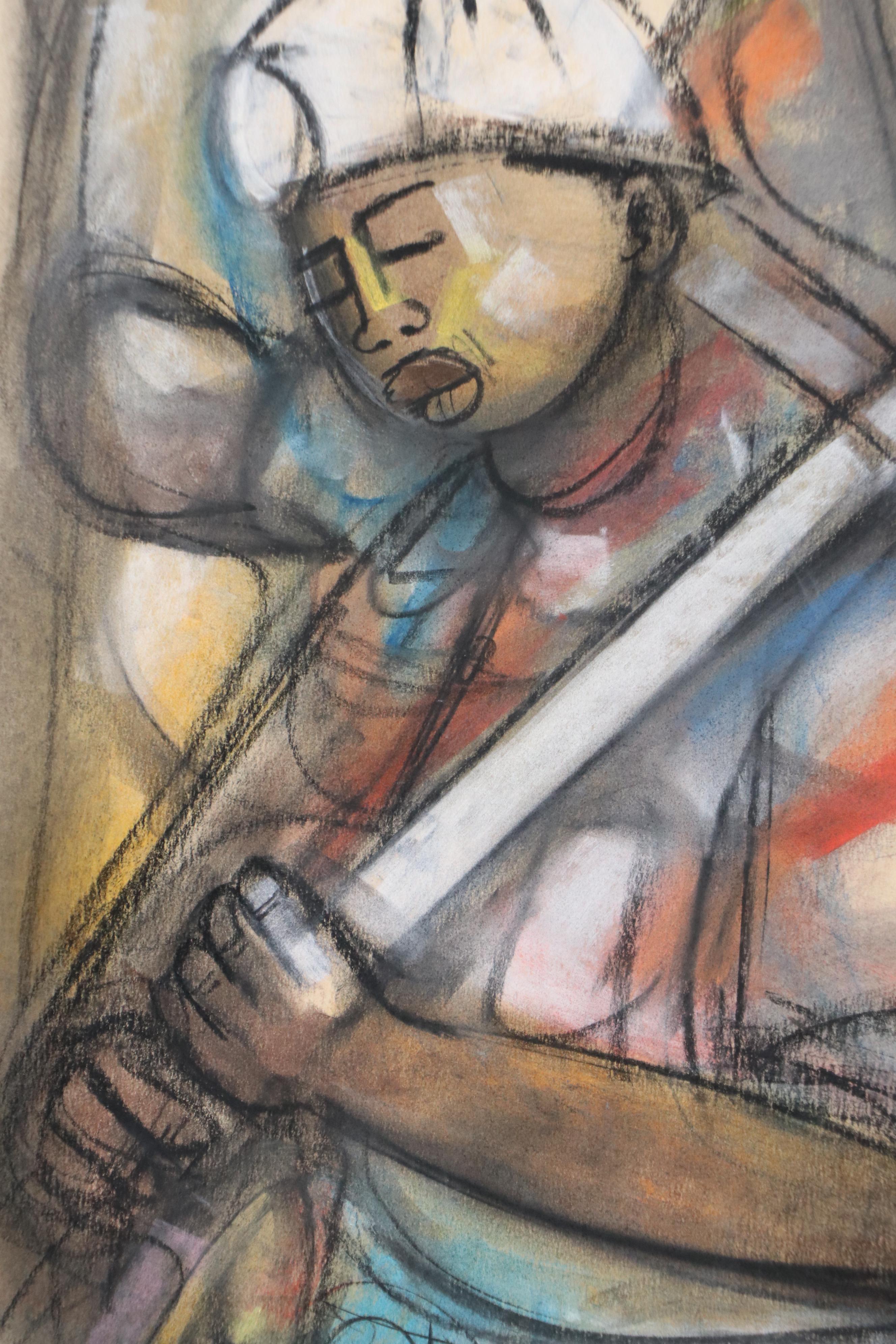 Godfrey Ndaba Stylized Oil Pastel Drawing of Miners, 1982