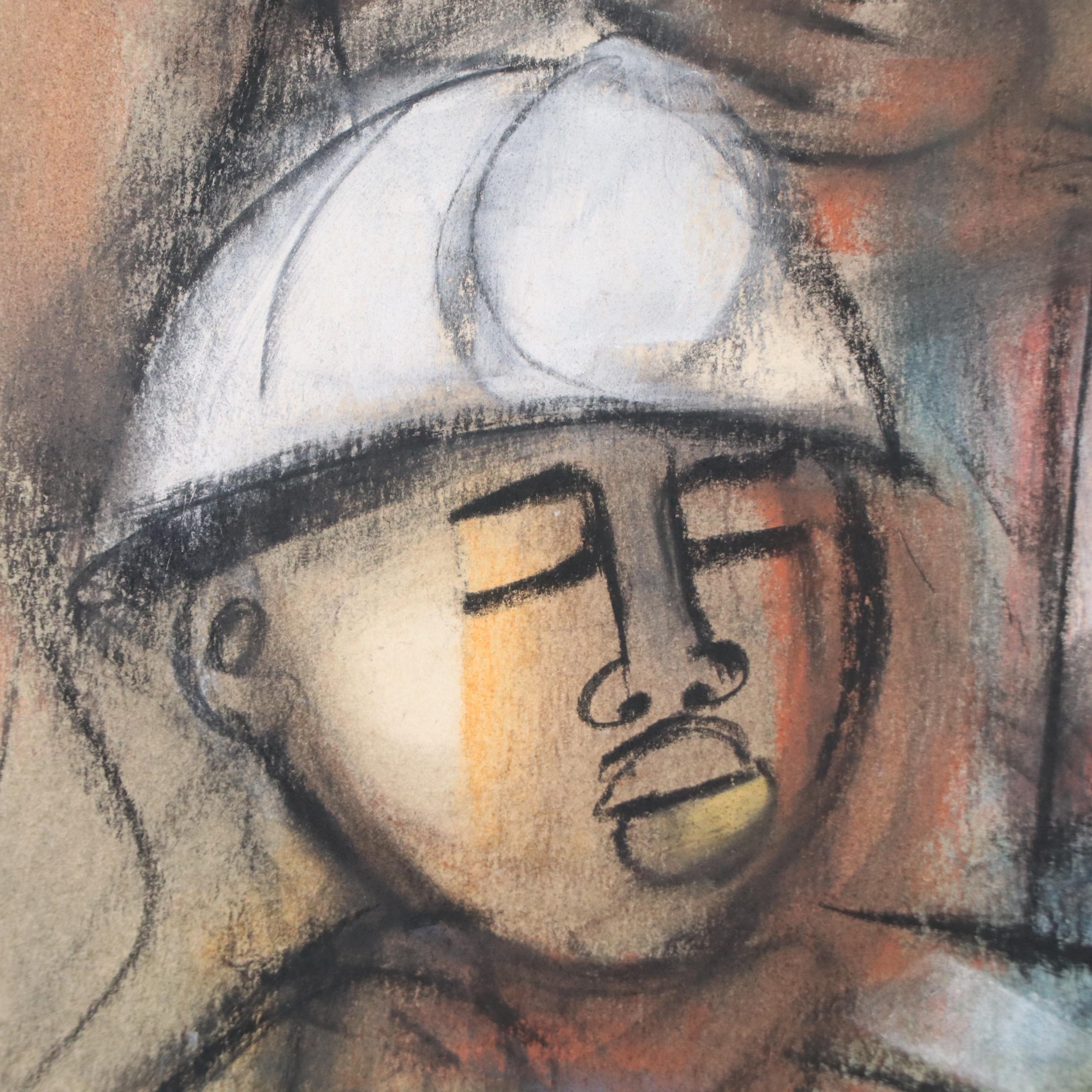 Godfrey Ndaba Stylized Oil Pastel Drawing of Miners, 1982