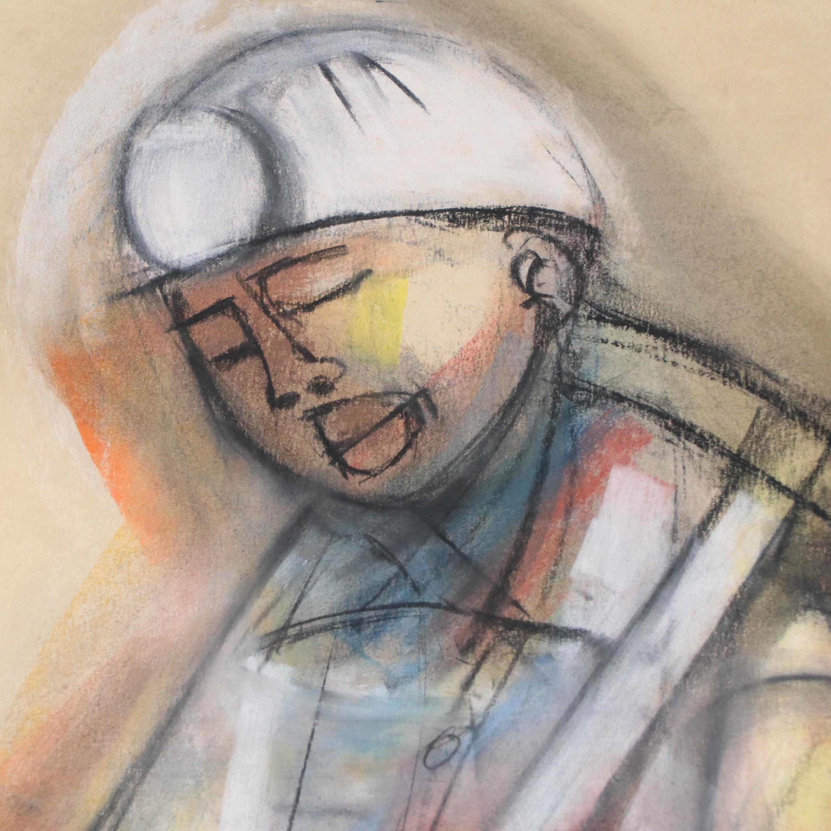 Godfrey Ndaba Stylized Oil Pastel Drawing of Miners, 1982