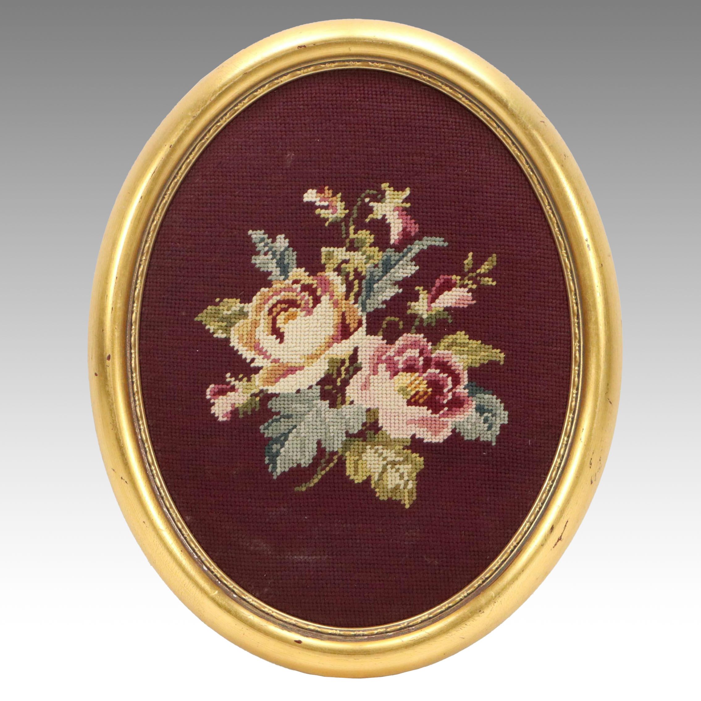 Handmade Needlepoint Floral Oval, Vintage