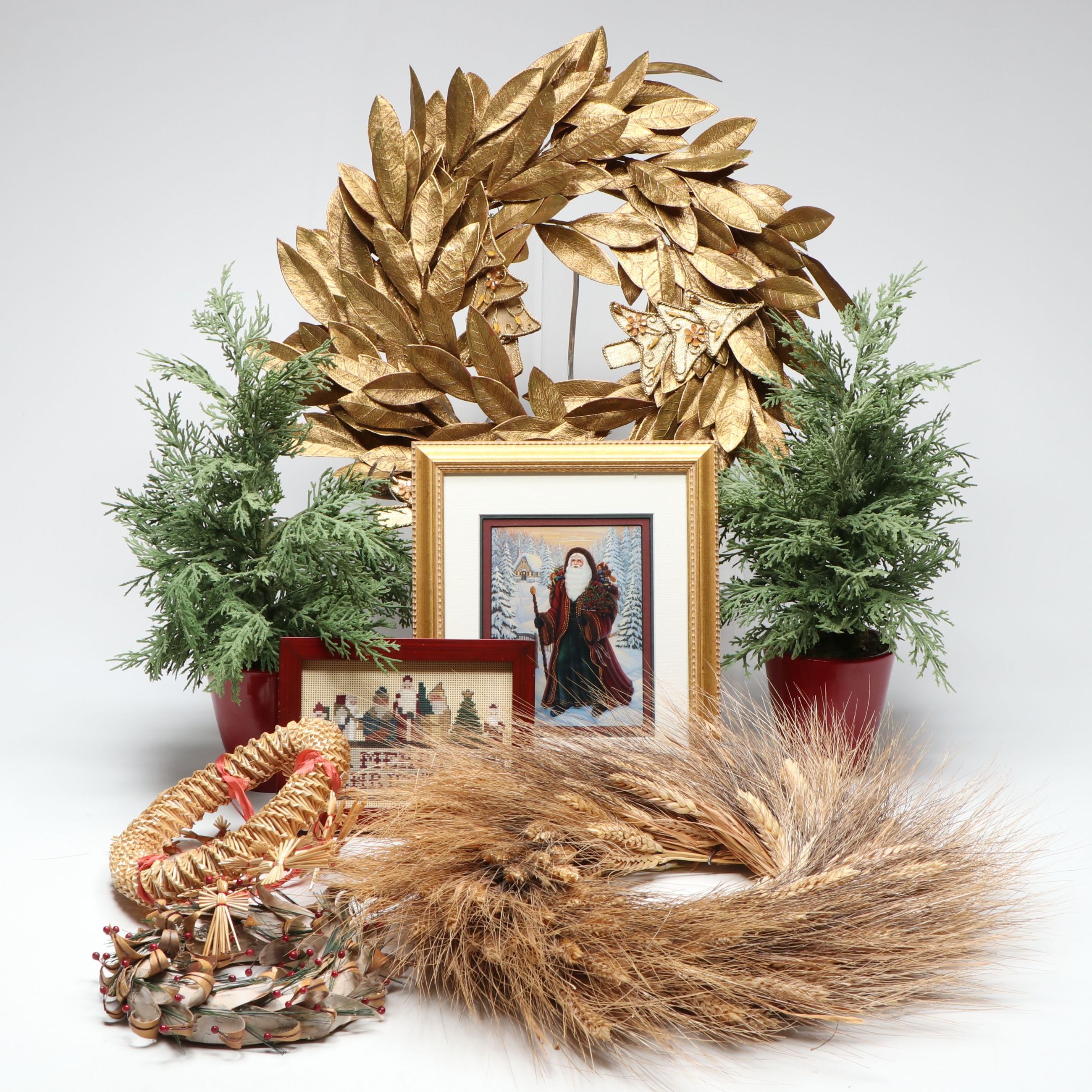 Artificial Wheat Wreath, Framed Christmas Needlepoint, and More Seasonal Décor
