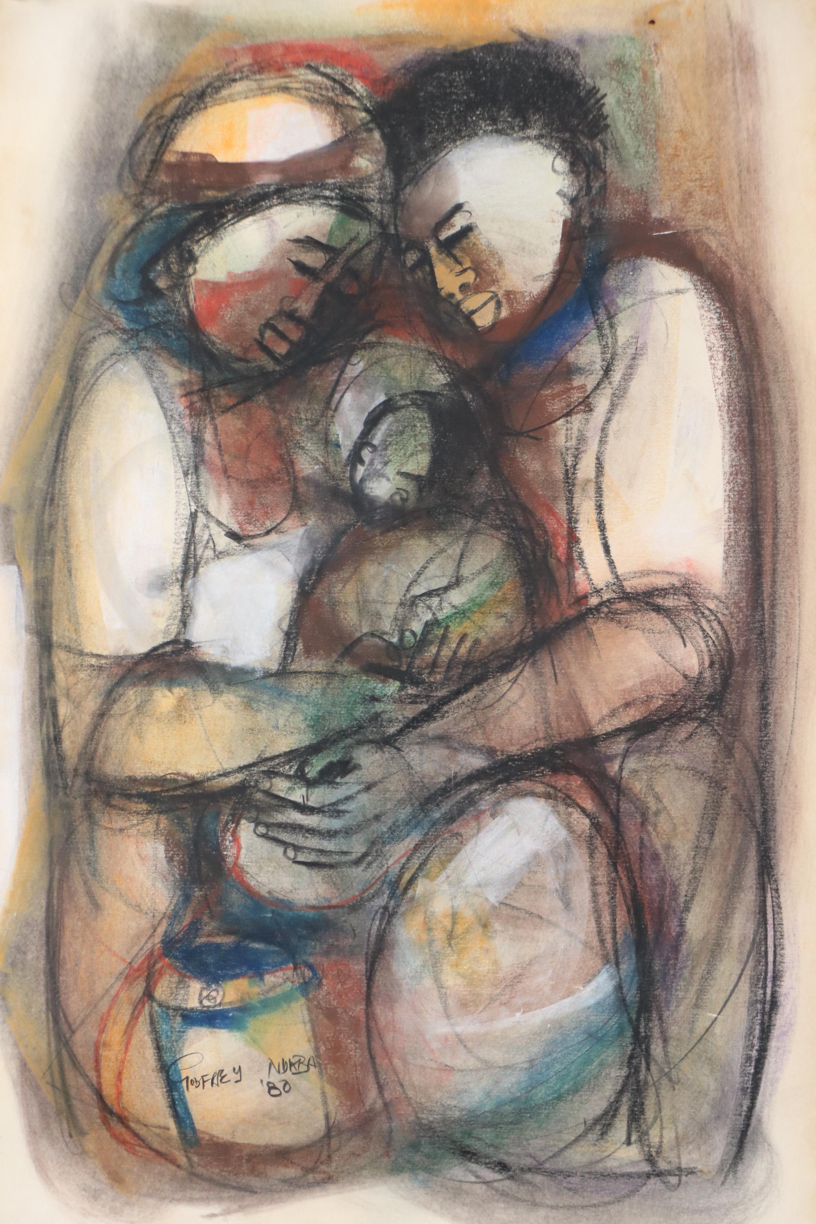 Godfrey Ndaba Oil Pastel Drawing of Mother and Father with Child, 1980