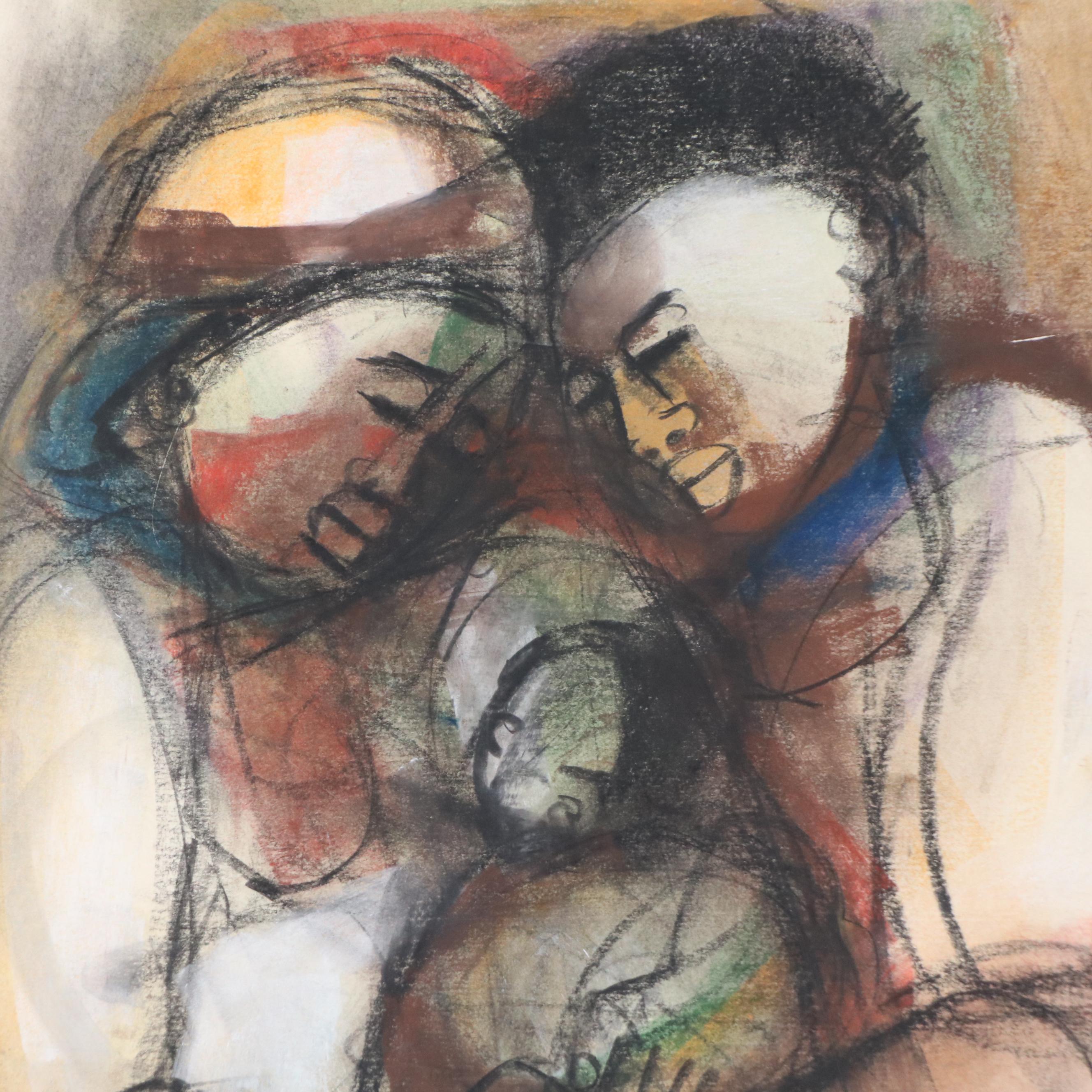 Godfrey Ndaba Oil Pastel Drawing of Mother and Father with Child, 1980