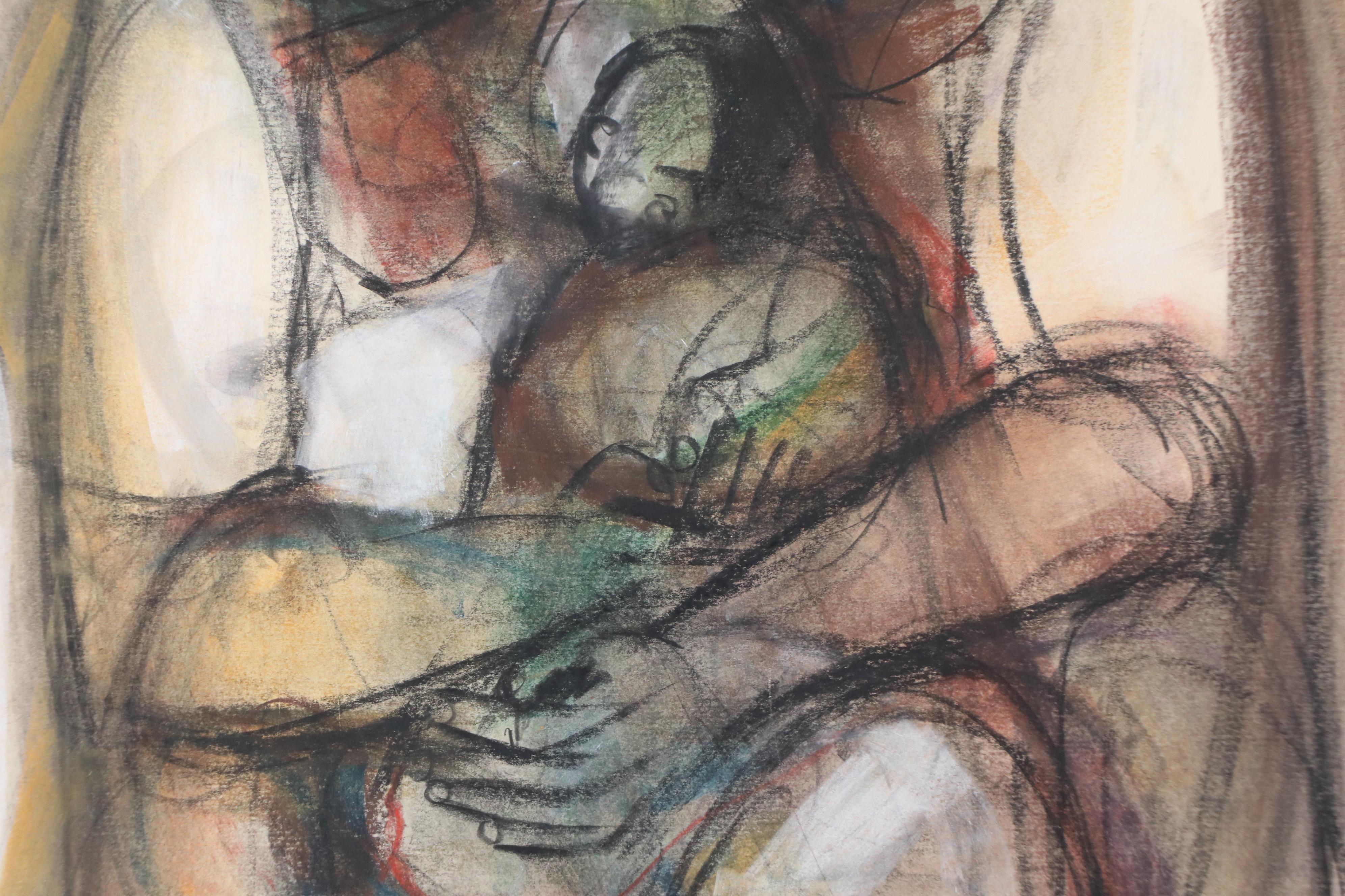 Godfrey Ndaba Oil Pastel Drawing of Mother and Father with Child, 1980