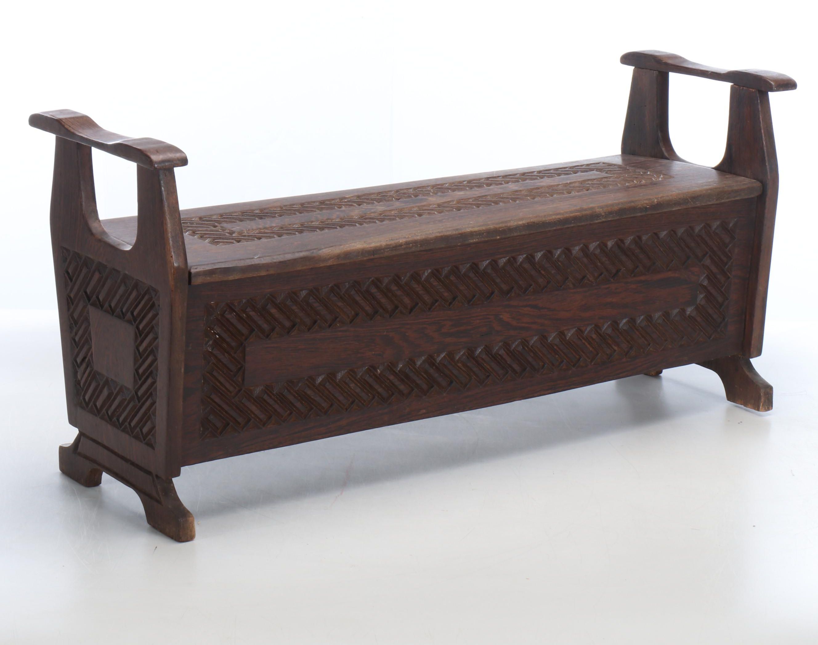 European Carved Oak Window Bench with Underseat Storage