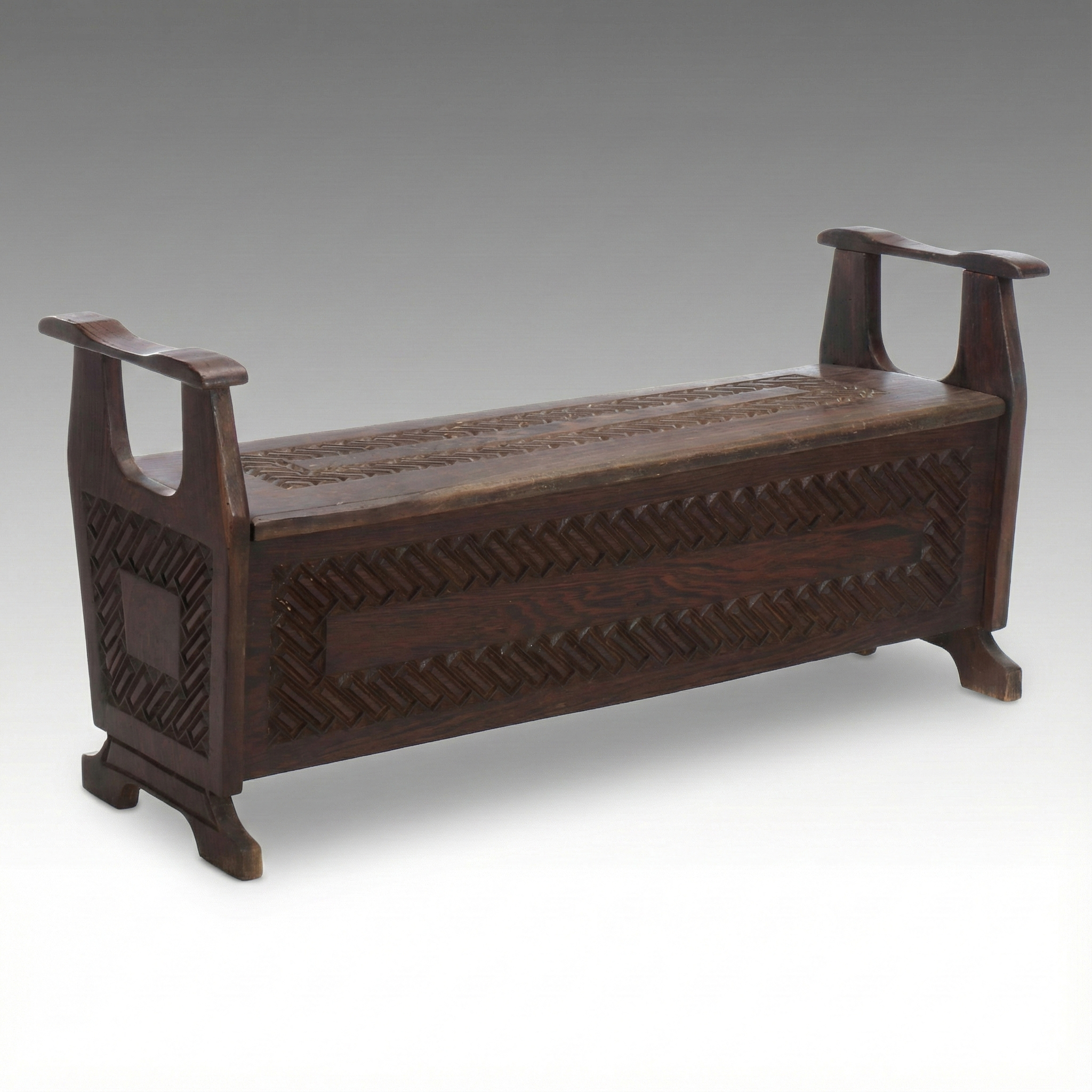 European Carved Oak Window Bench with Underseat Storage