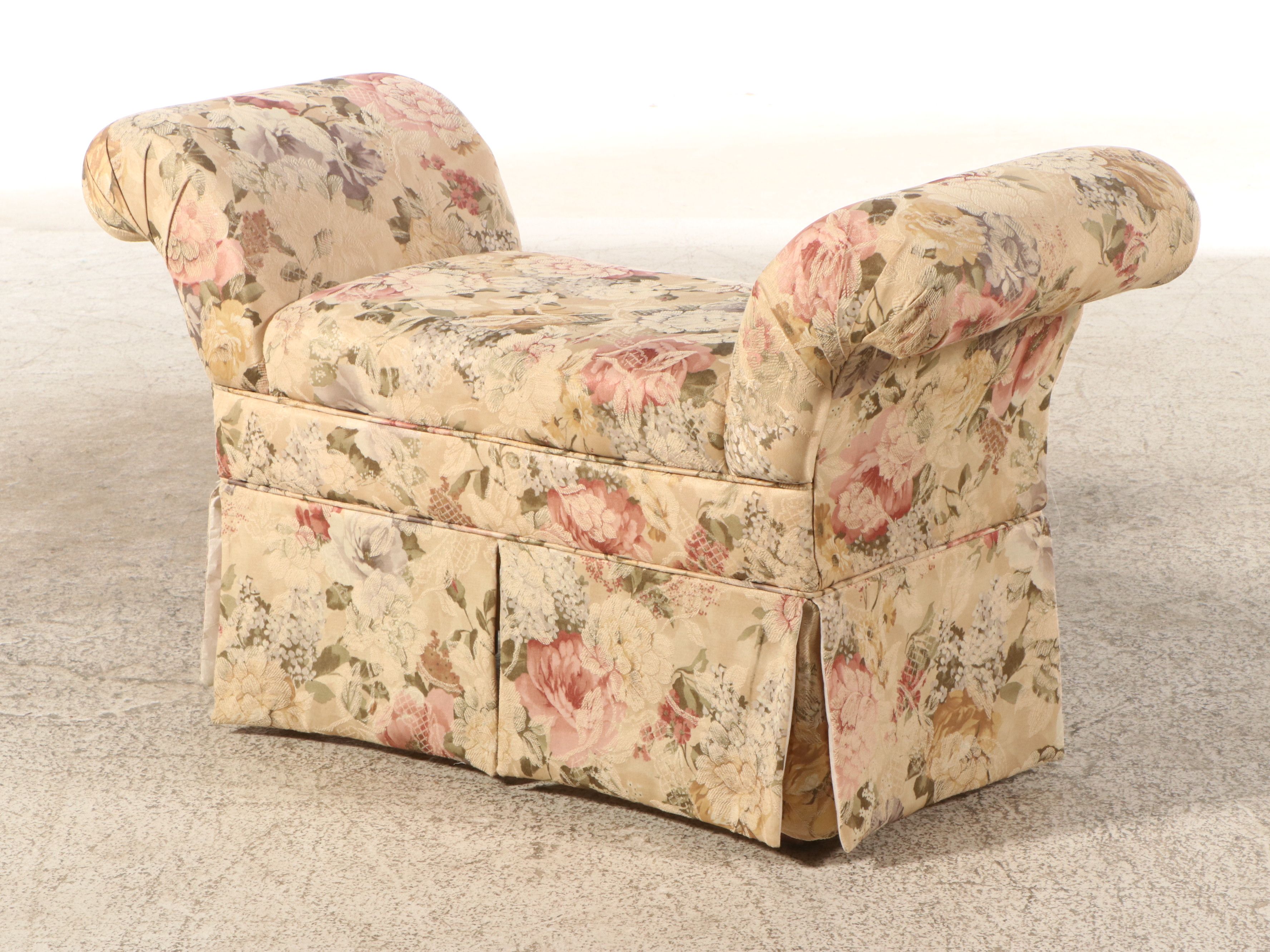 Floral Upholstered Rolled Arm Bench