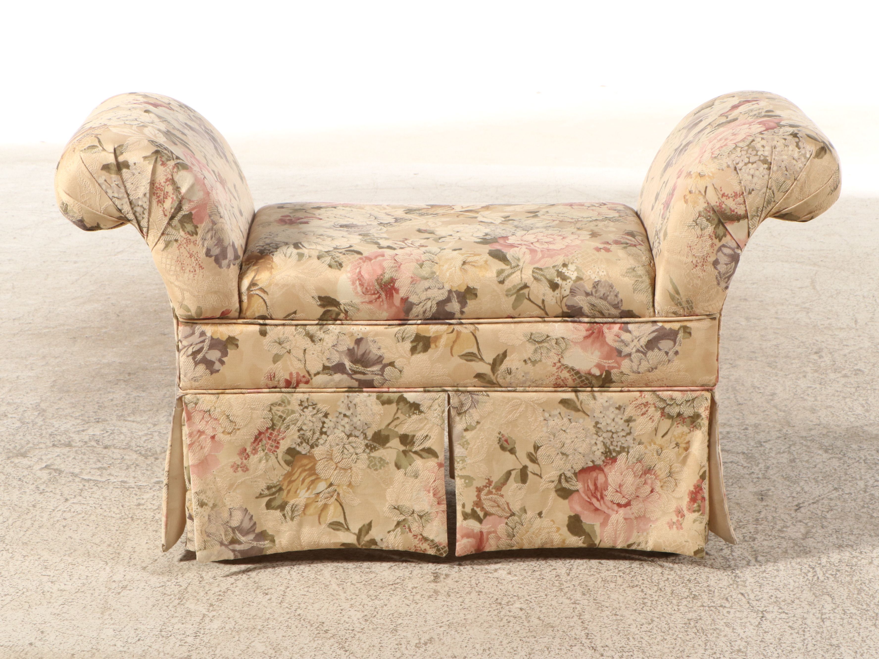 Floral Upholstered Rolled Arm Bench