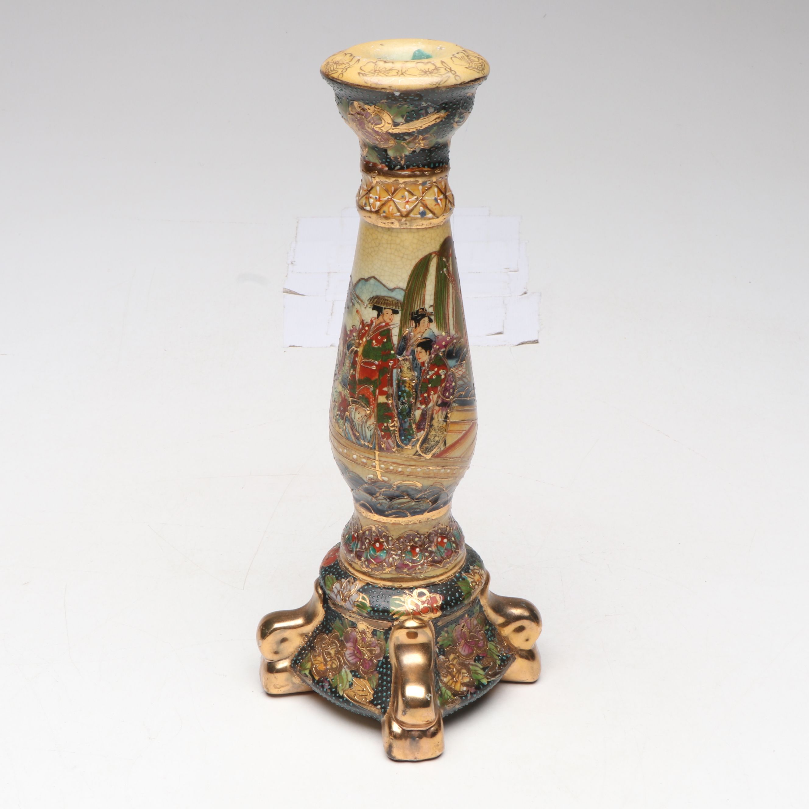 Chinese Satsuma Style Gilt Ceramic Candlesticks and Vase