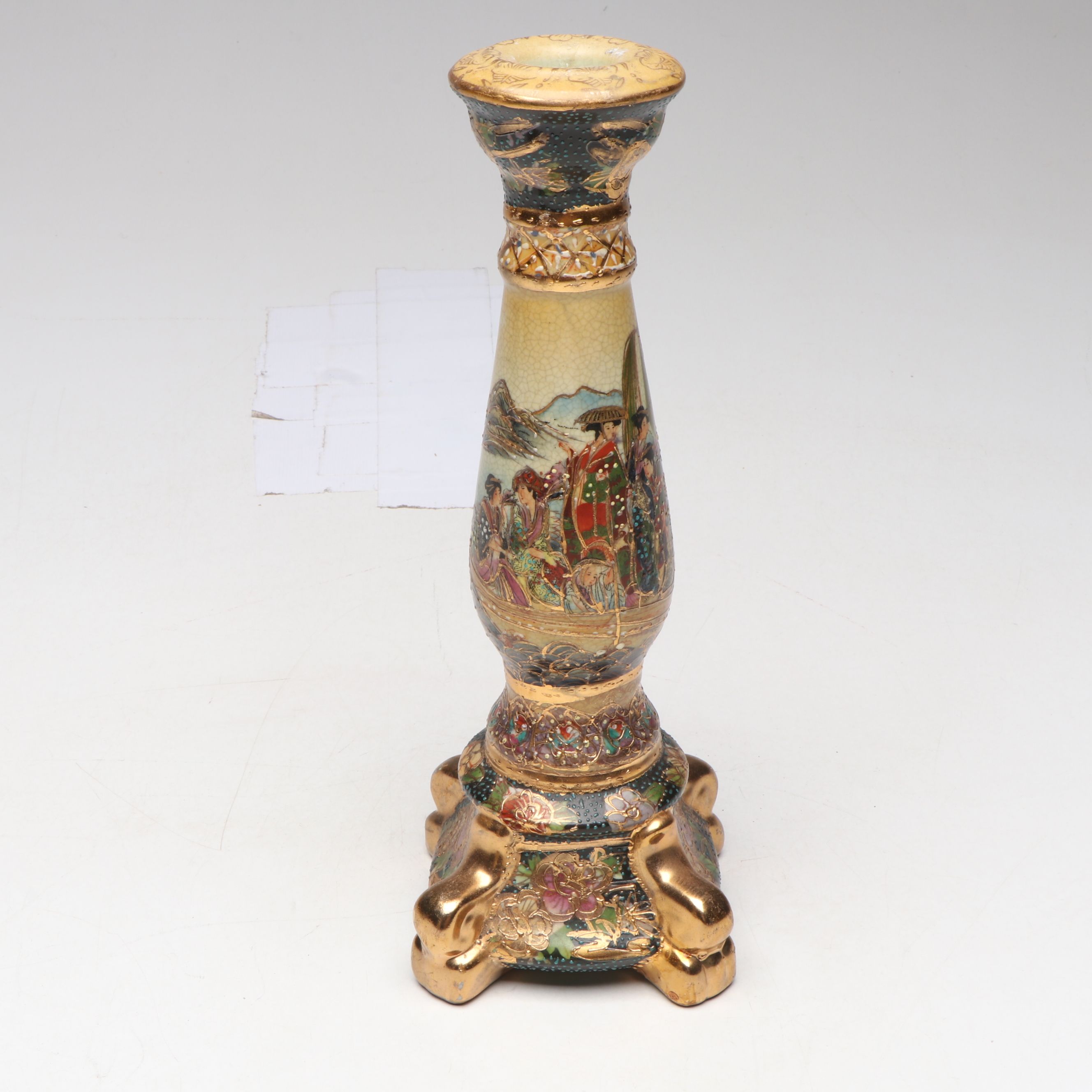 Chinese Satsuma Style Gilt Ceramic Candlesticks and Vase