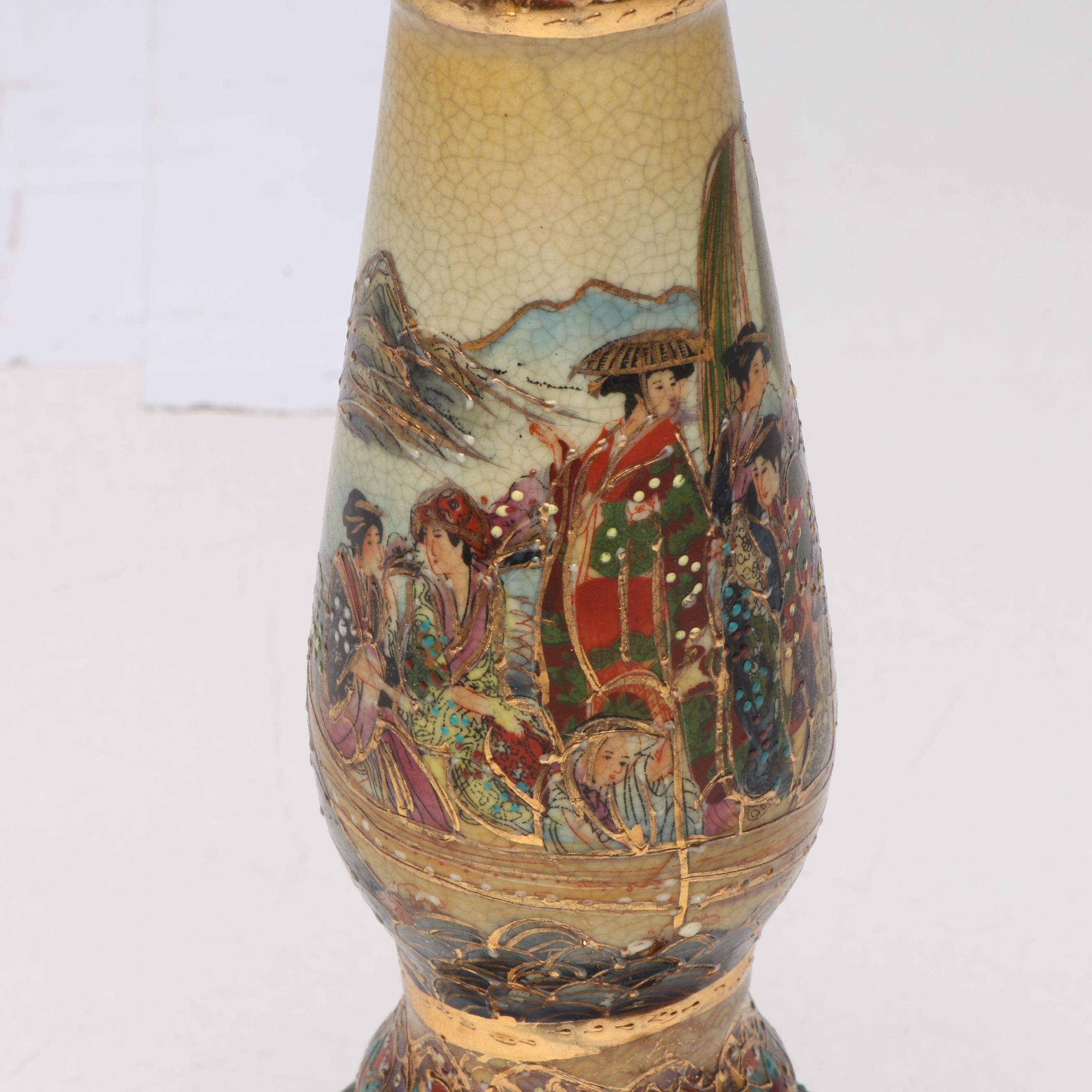 Chinese Satsuma Style Gilt Ceramic Candlesticks and Vase