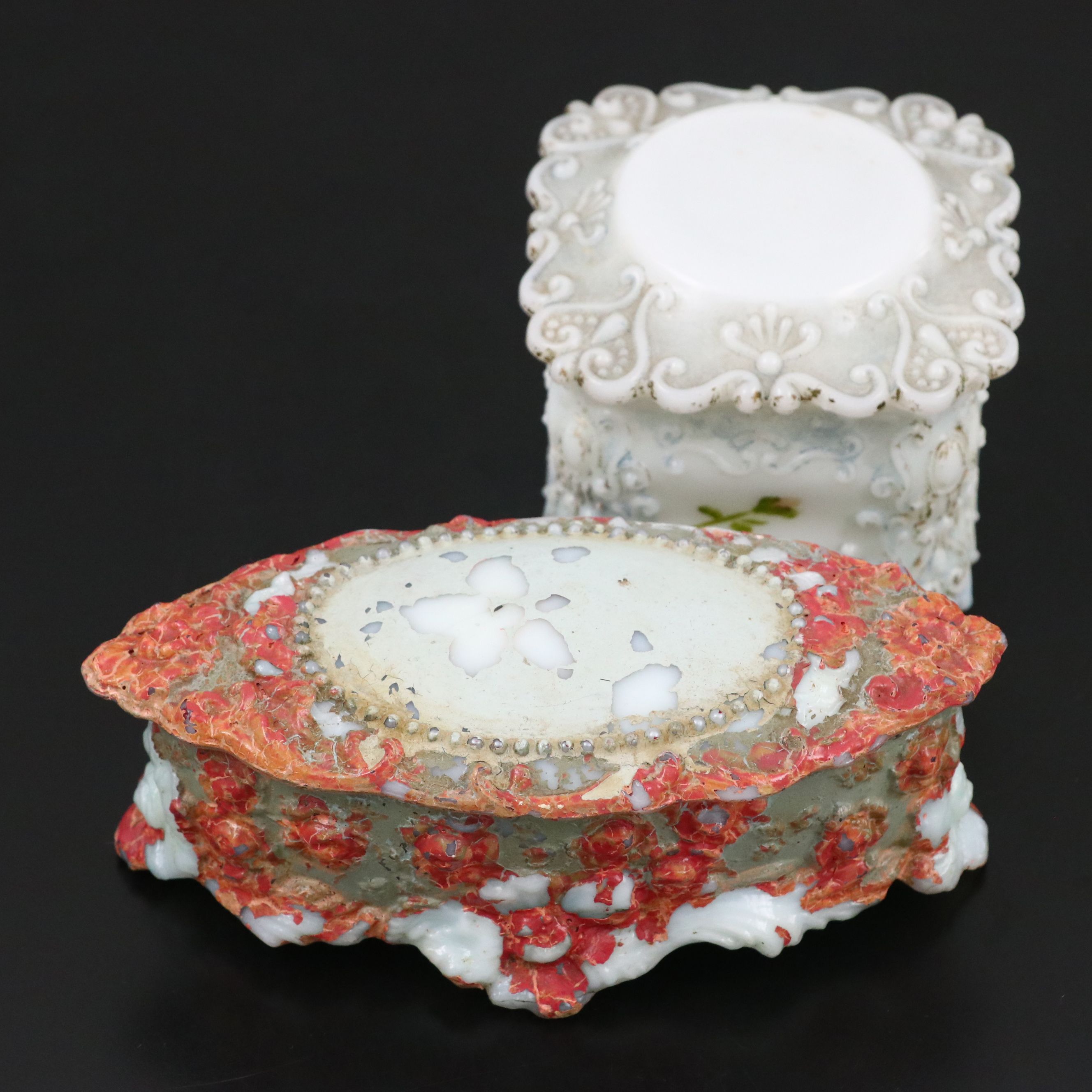 Rococo Style Milk Glass Decorative Boxes
