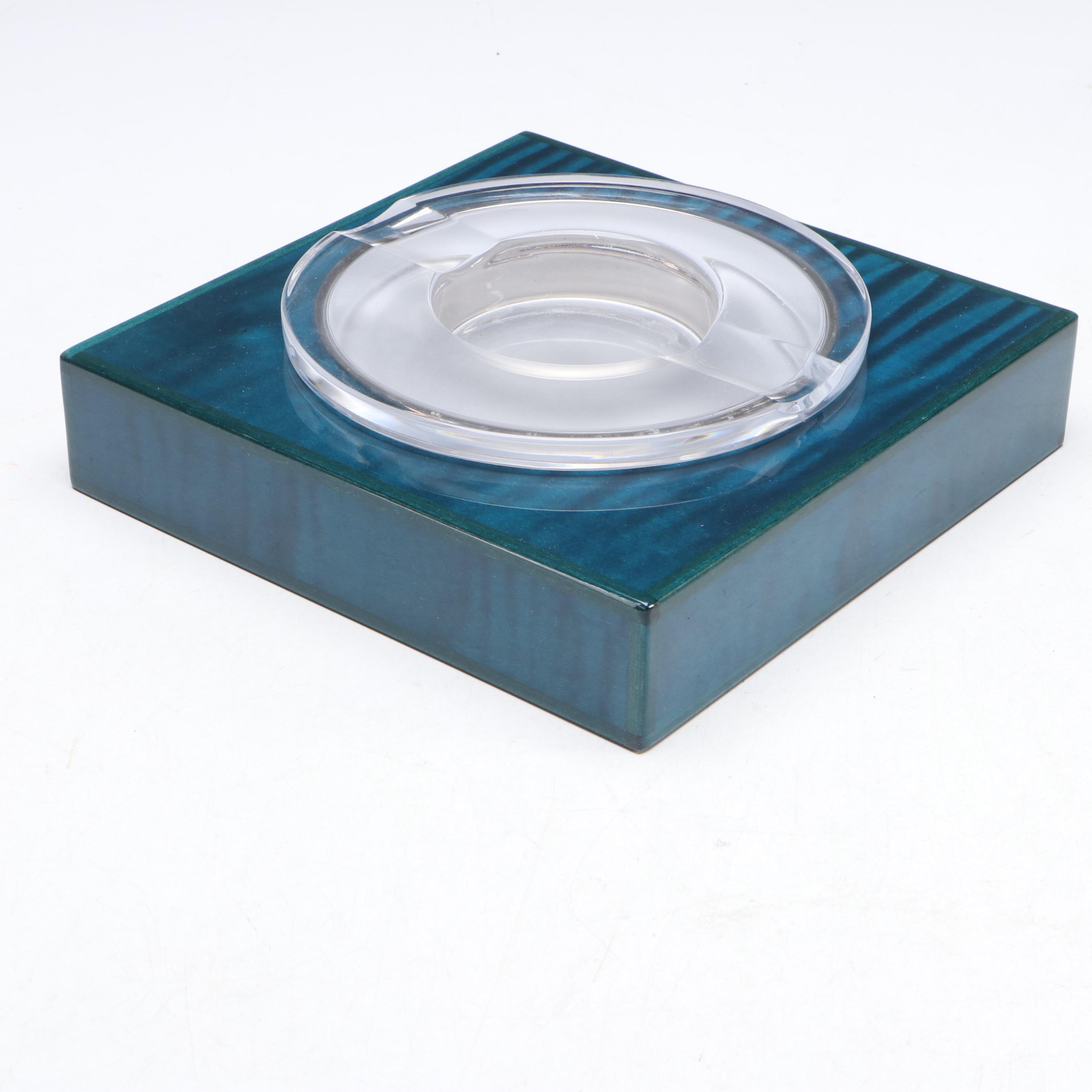 Contemporary Glass Ashtray with Blue Aniline Dyed Maple Holder