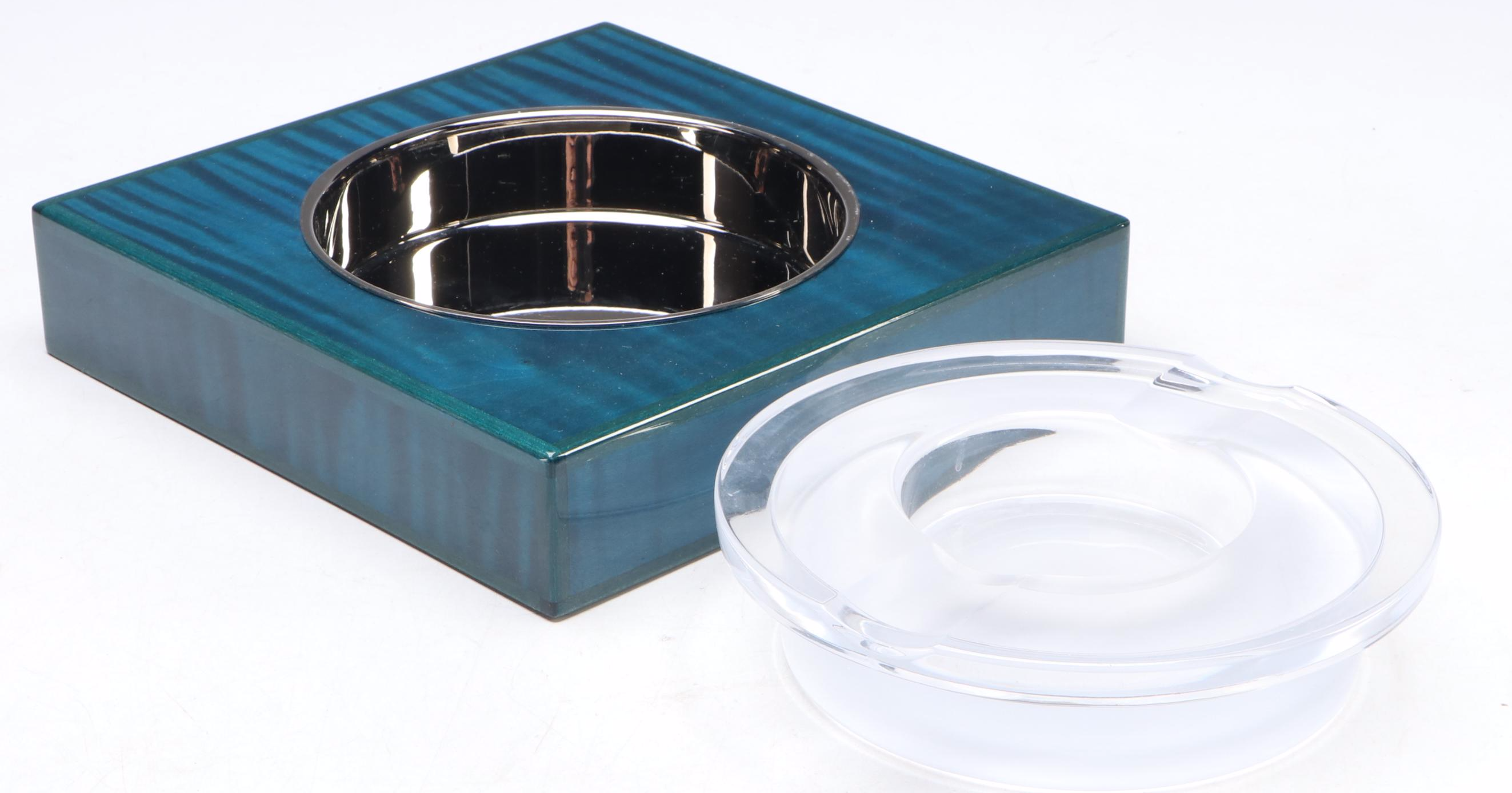 Contemporary Glass Ashtray with Blue Aniline Dyed Maple Holder