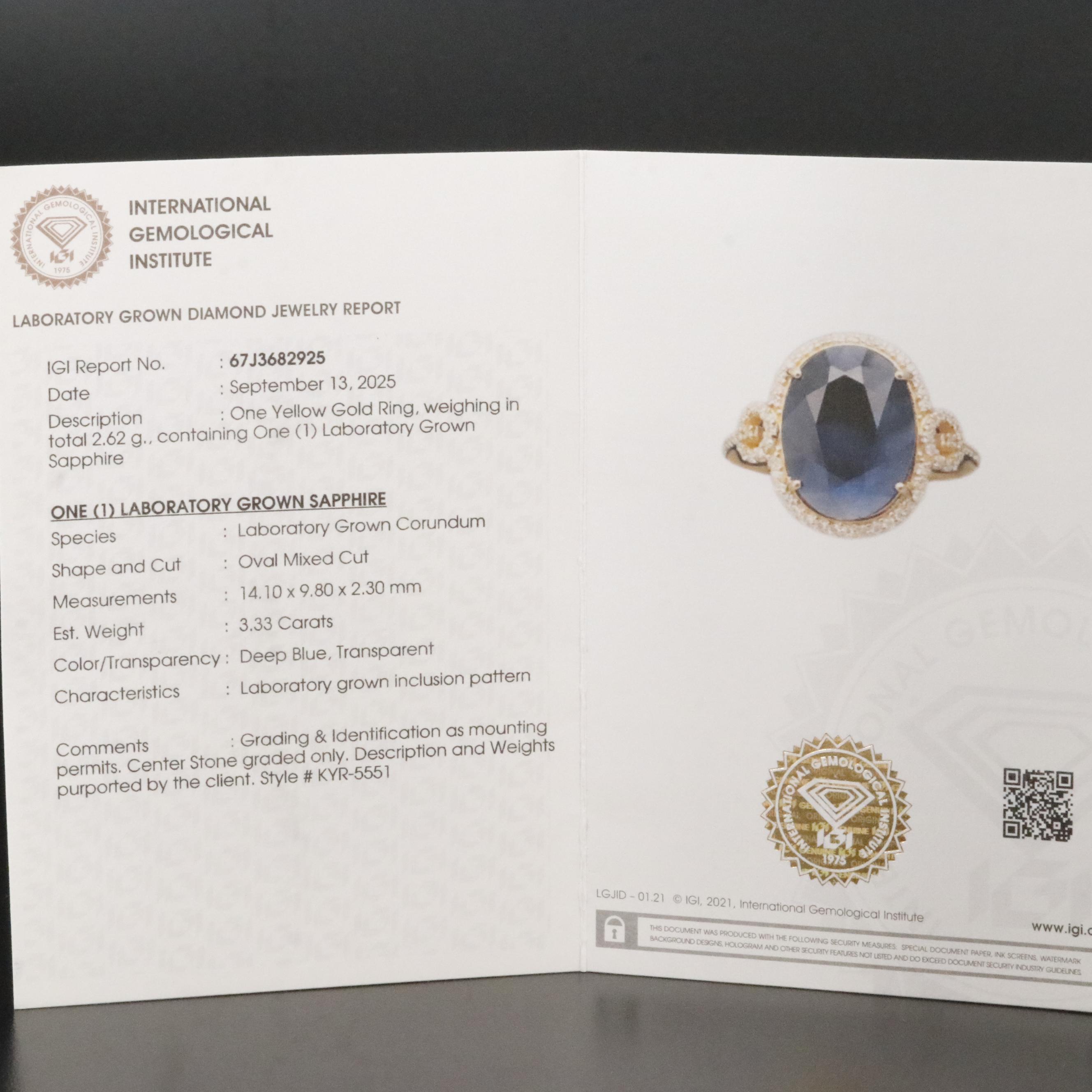 14K 3.33 CT Sapphire and Moissanite Ring with IGI Jewelry Report