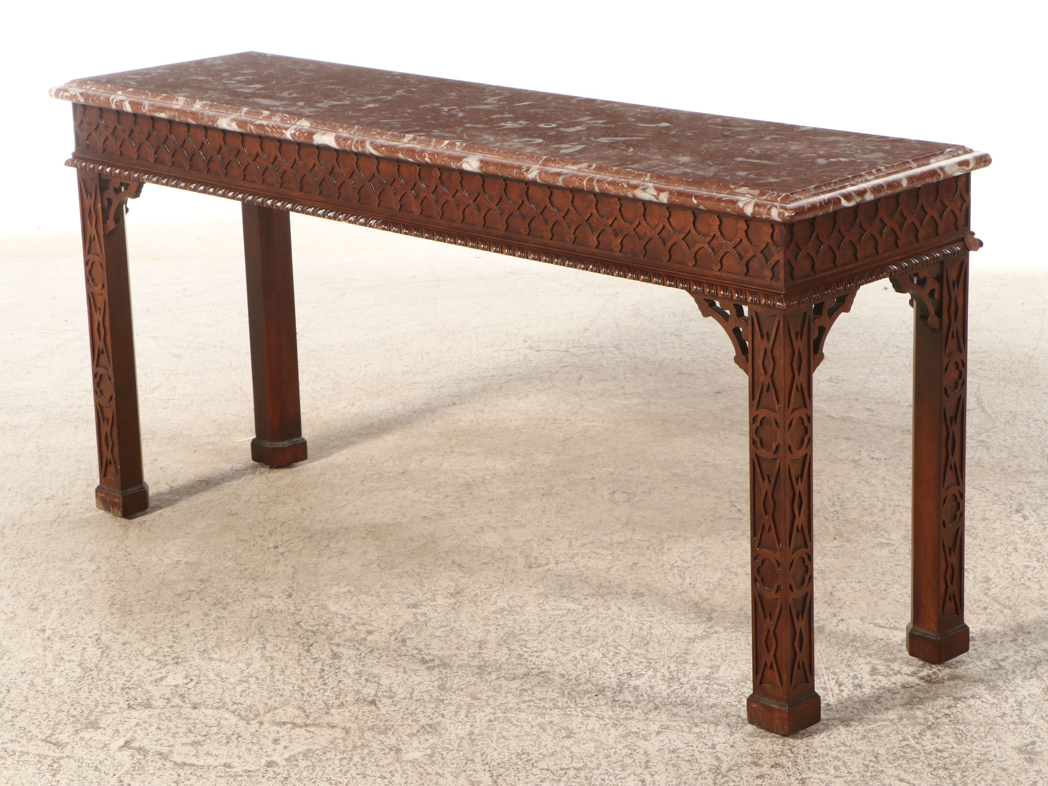 Henredon Chippendale Style Marble Top Mahogany Console Table, Late 20th Century