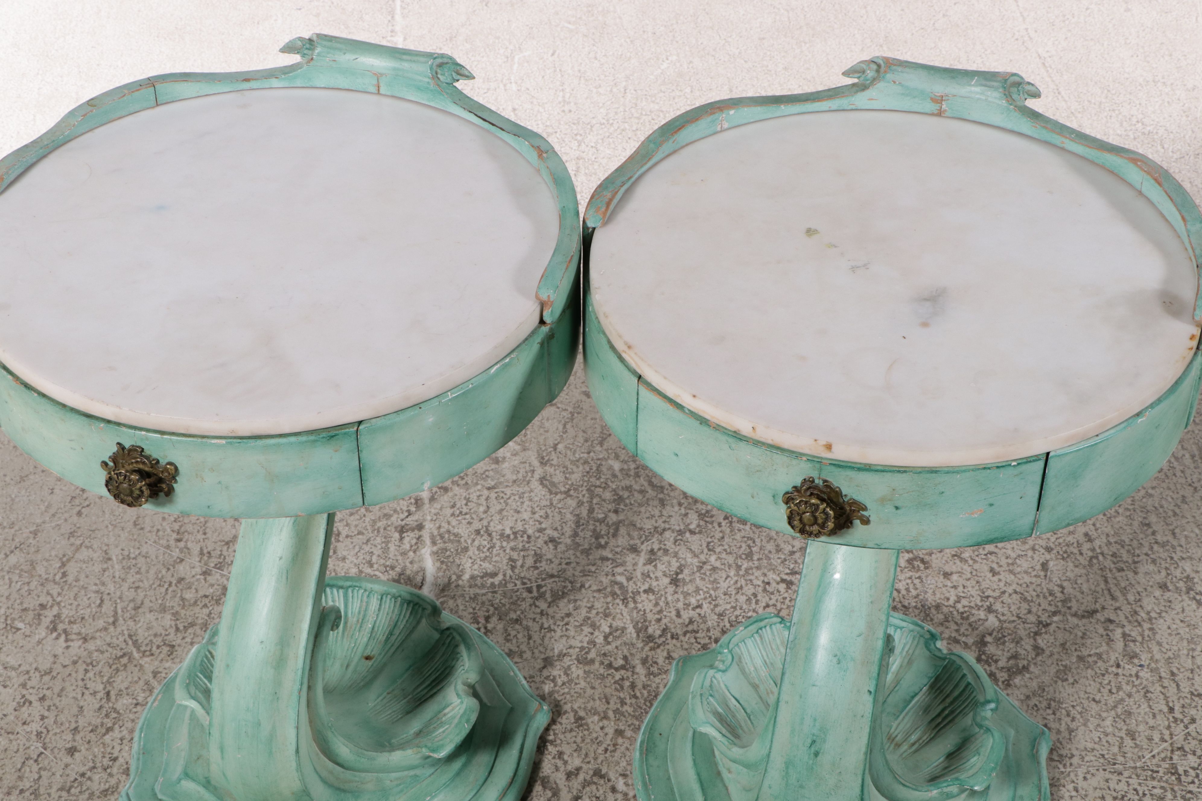 Art Deco Single-Drawer Accent Tables with Marble Top with Vanderbilt Provenance