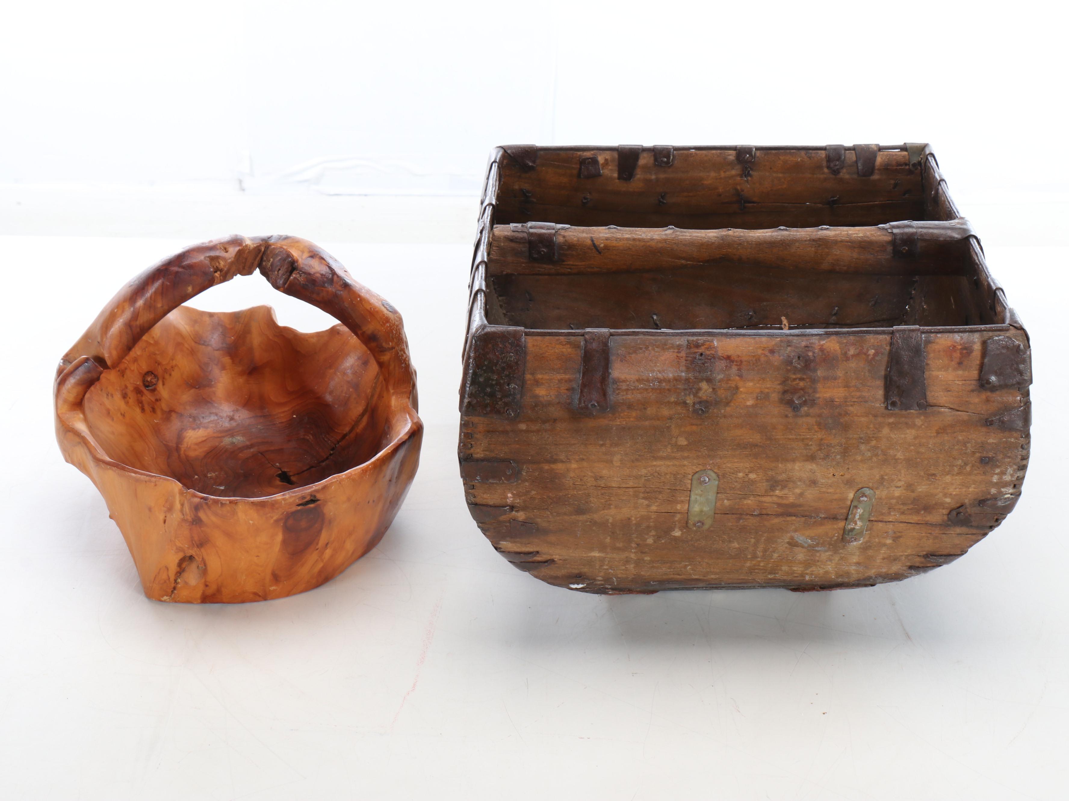 Chinese Wooden Grain Bucket with Burl Carved Basket