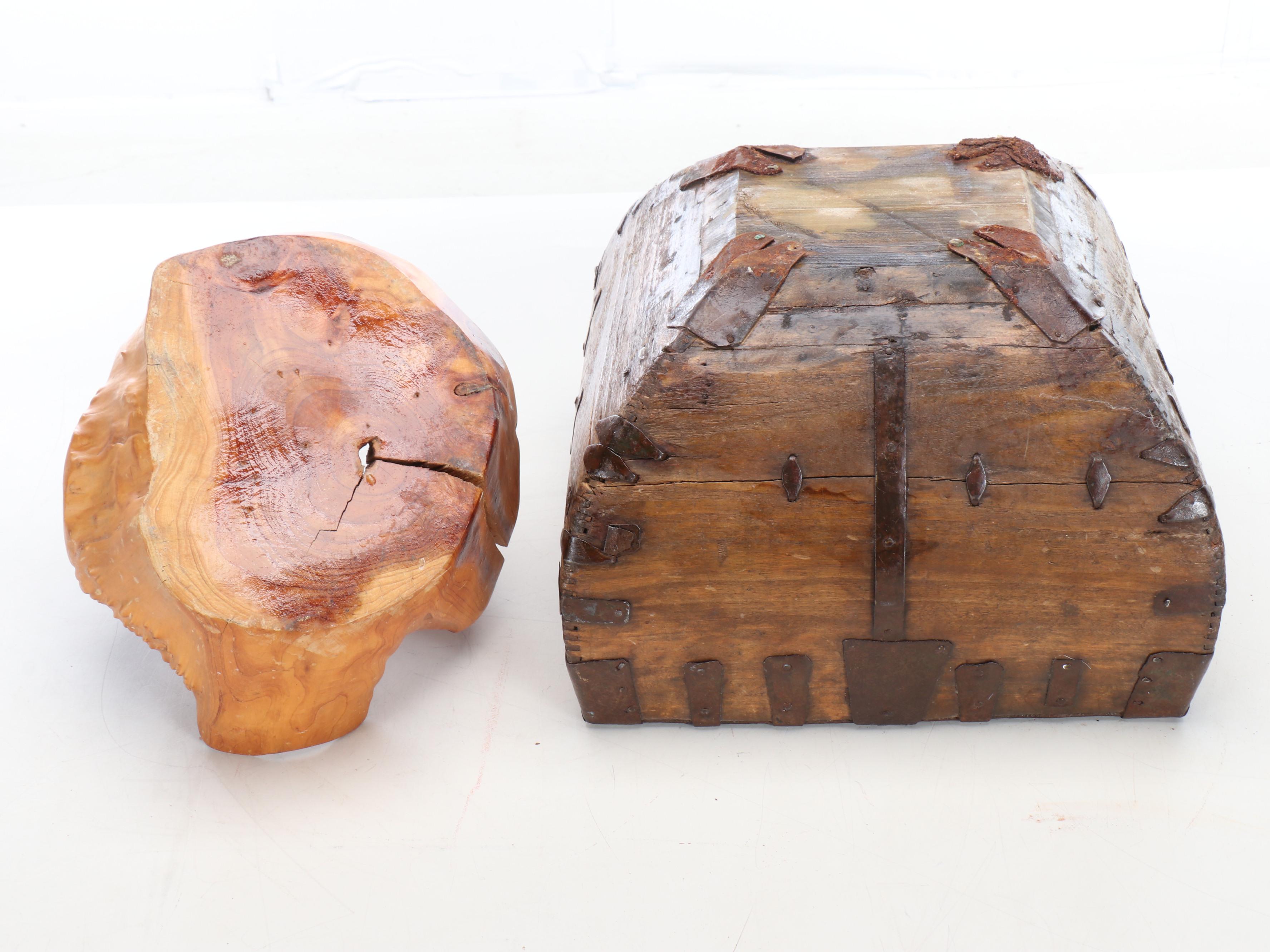 Chinese Wooden Grain Bucket with Burl Carved Basket