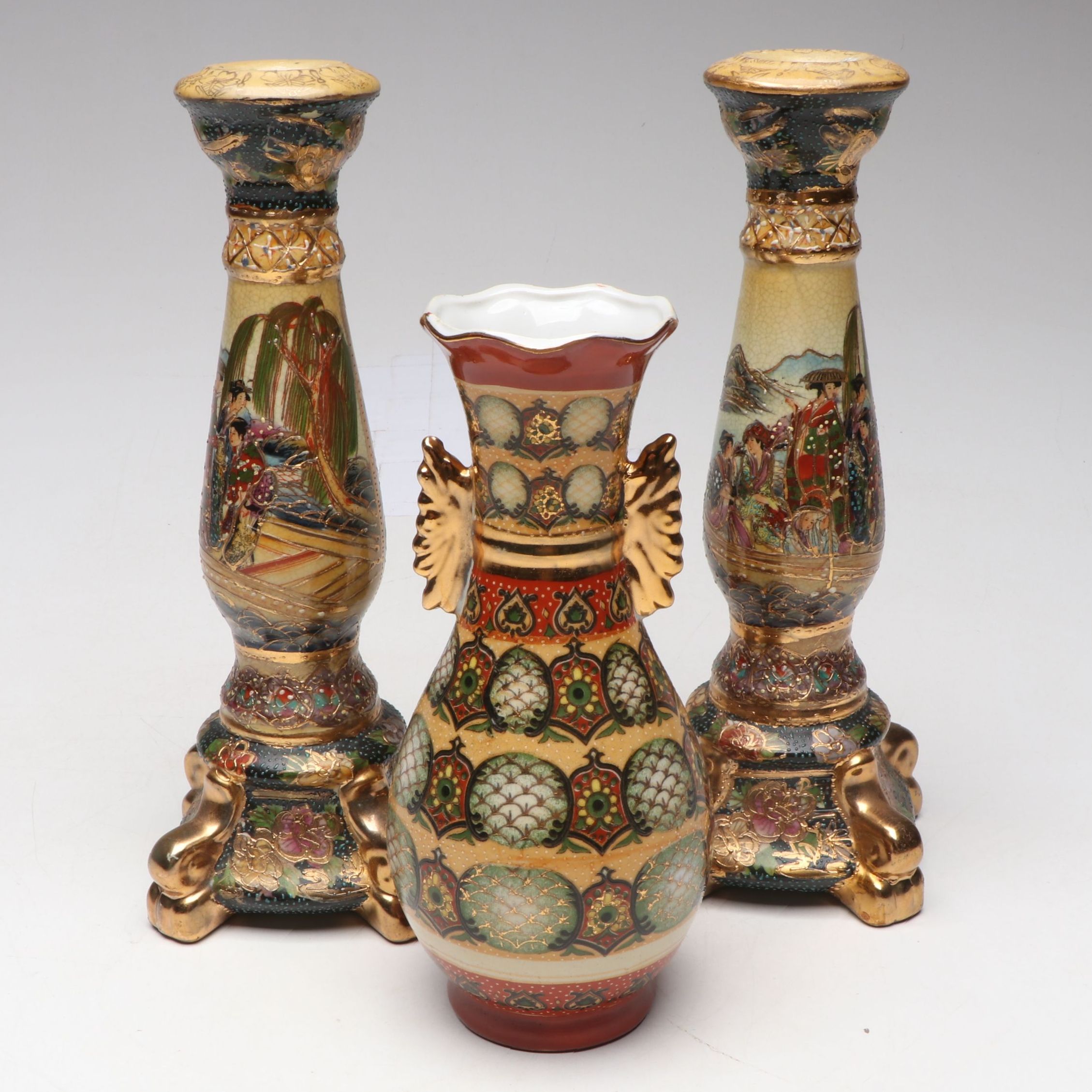 Chinese Satsuma Style Gilt Ceramic Candlesticks and Vase