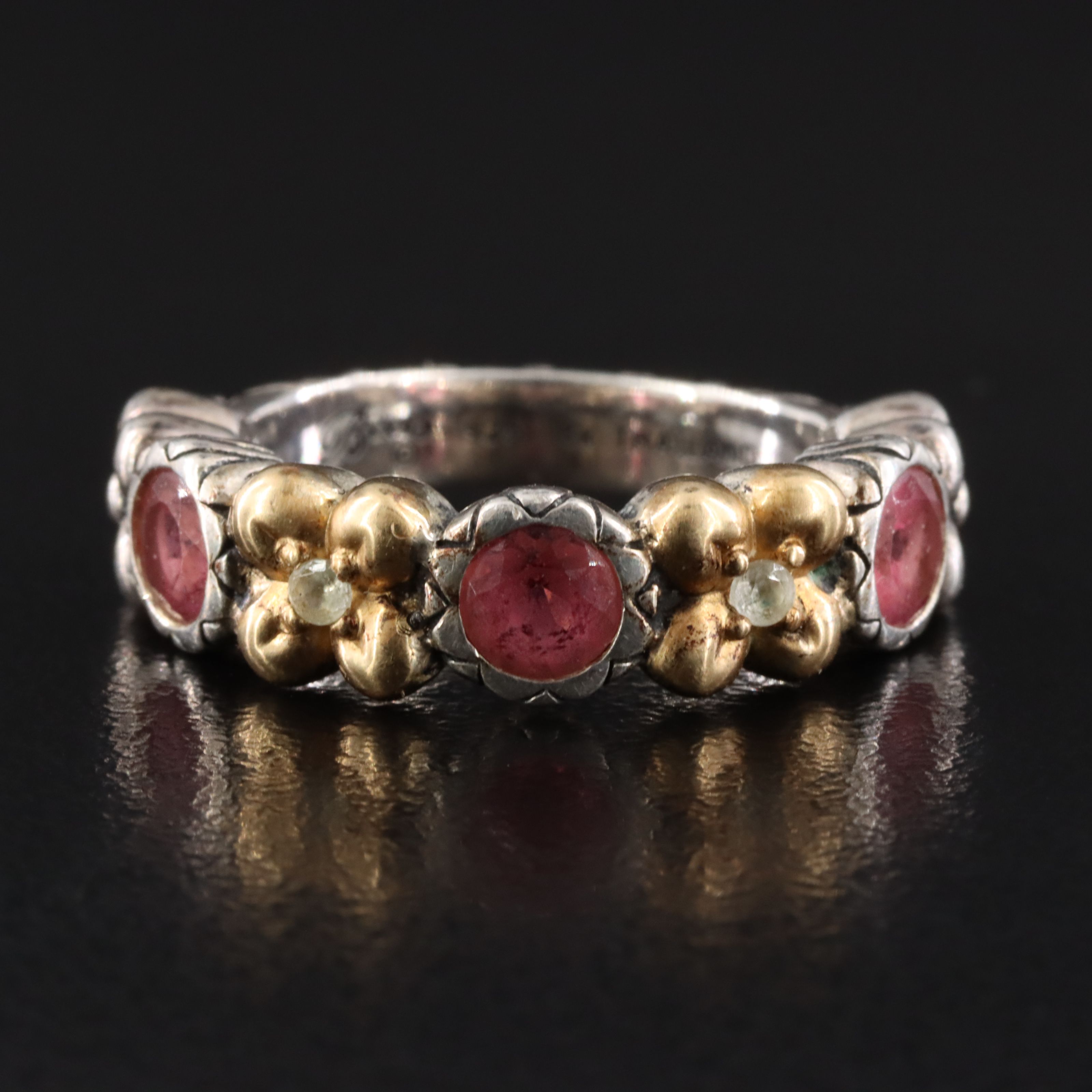 Barbara Bixby Sterling Rhodolite Garnet and Diamond Flower Ring with 18K Accents