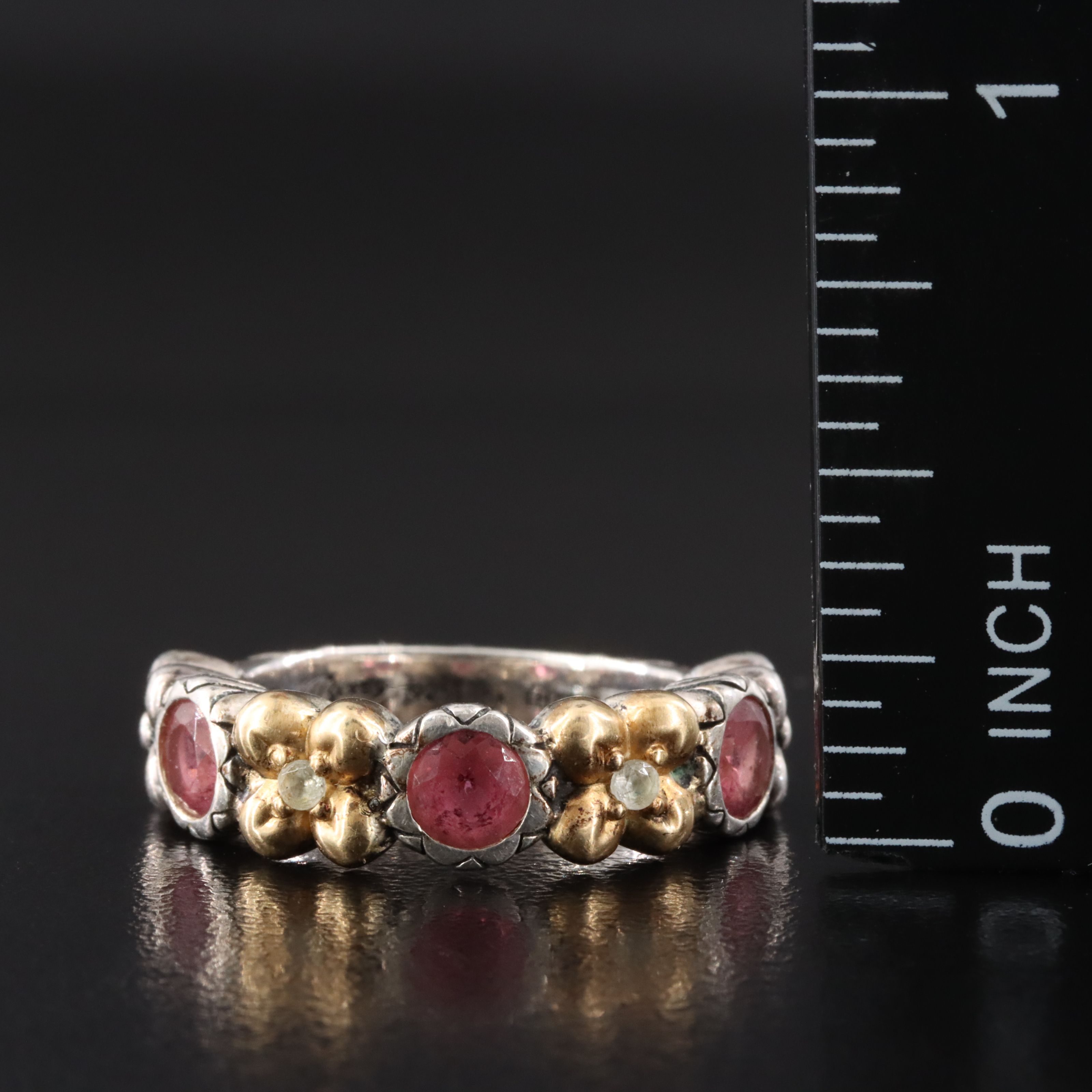 Barbara Bixby Sterling Rhodolite Garnet and Diamond Flower Ring with 18K Accents