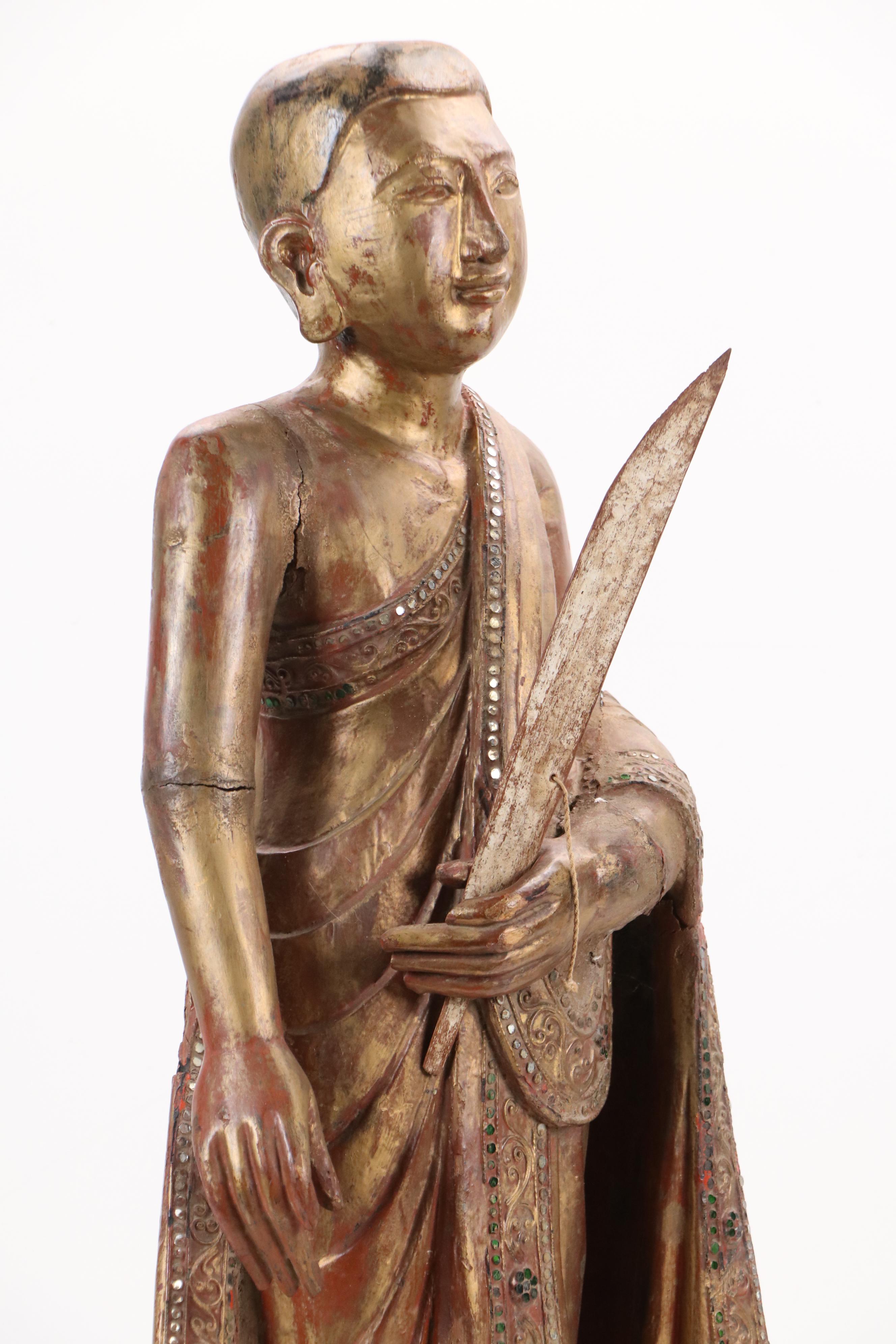 Burmese Embellished Wood Buddha Sculpture, Late 20th Century