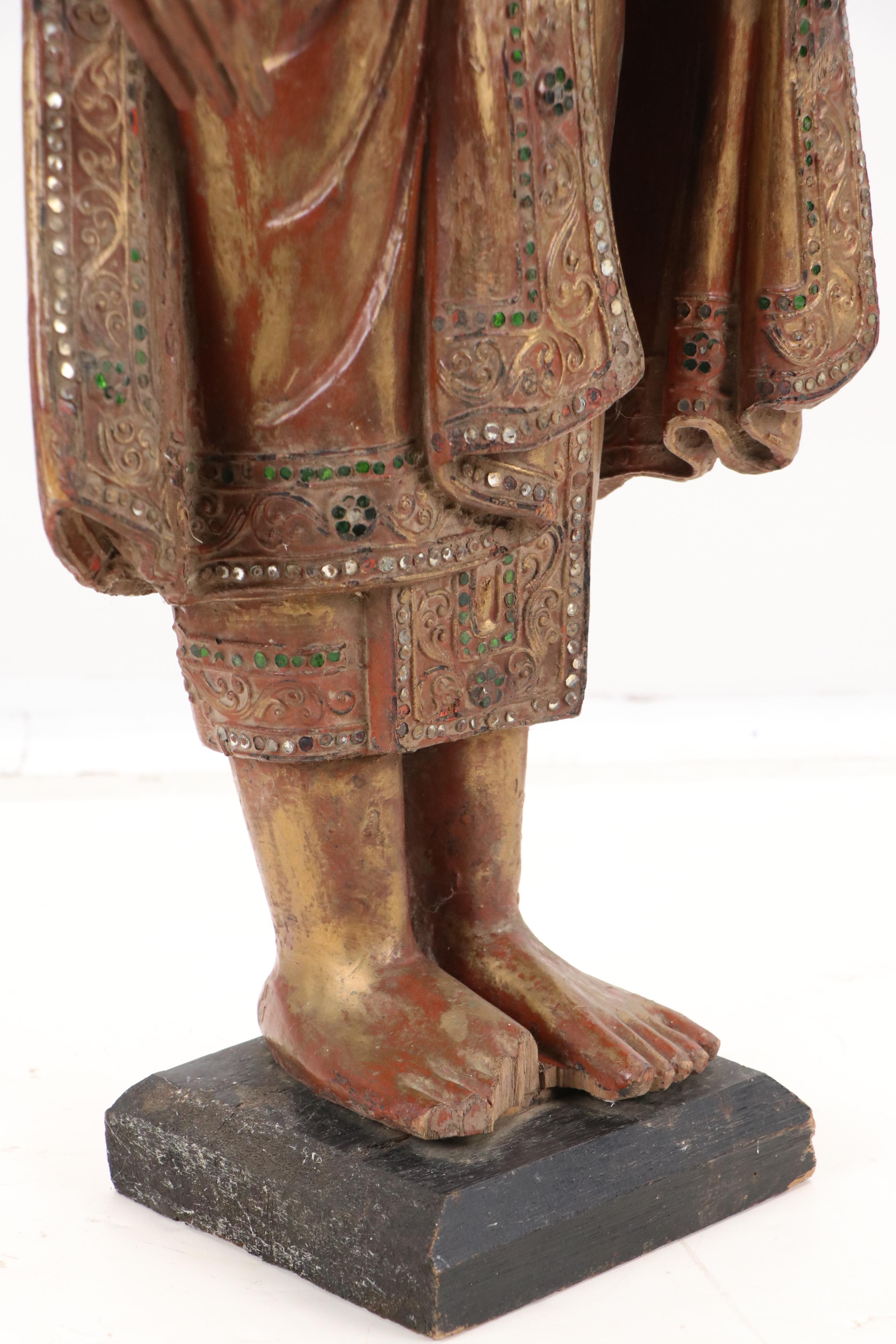 Burmese Embellished Wood Buddha Sculpture, Late 20th Century