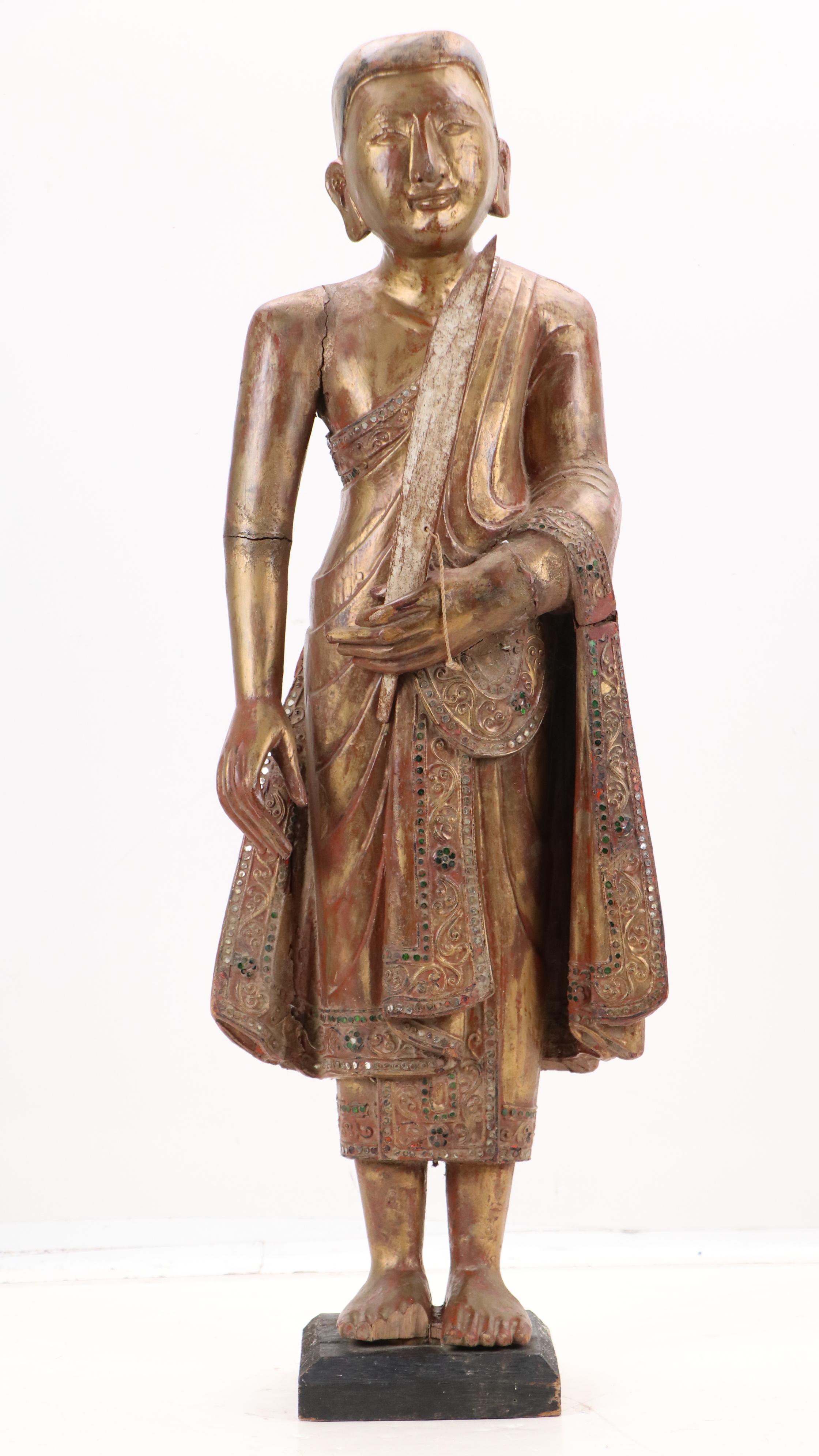 Burmese Embellished Wood Buddha Sculpture, Late 20th Century