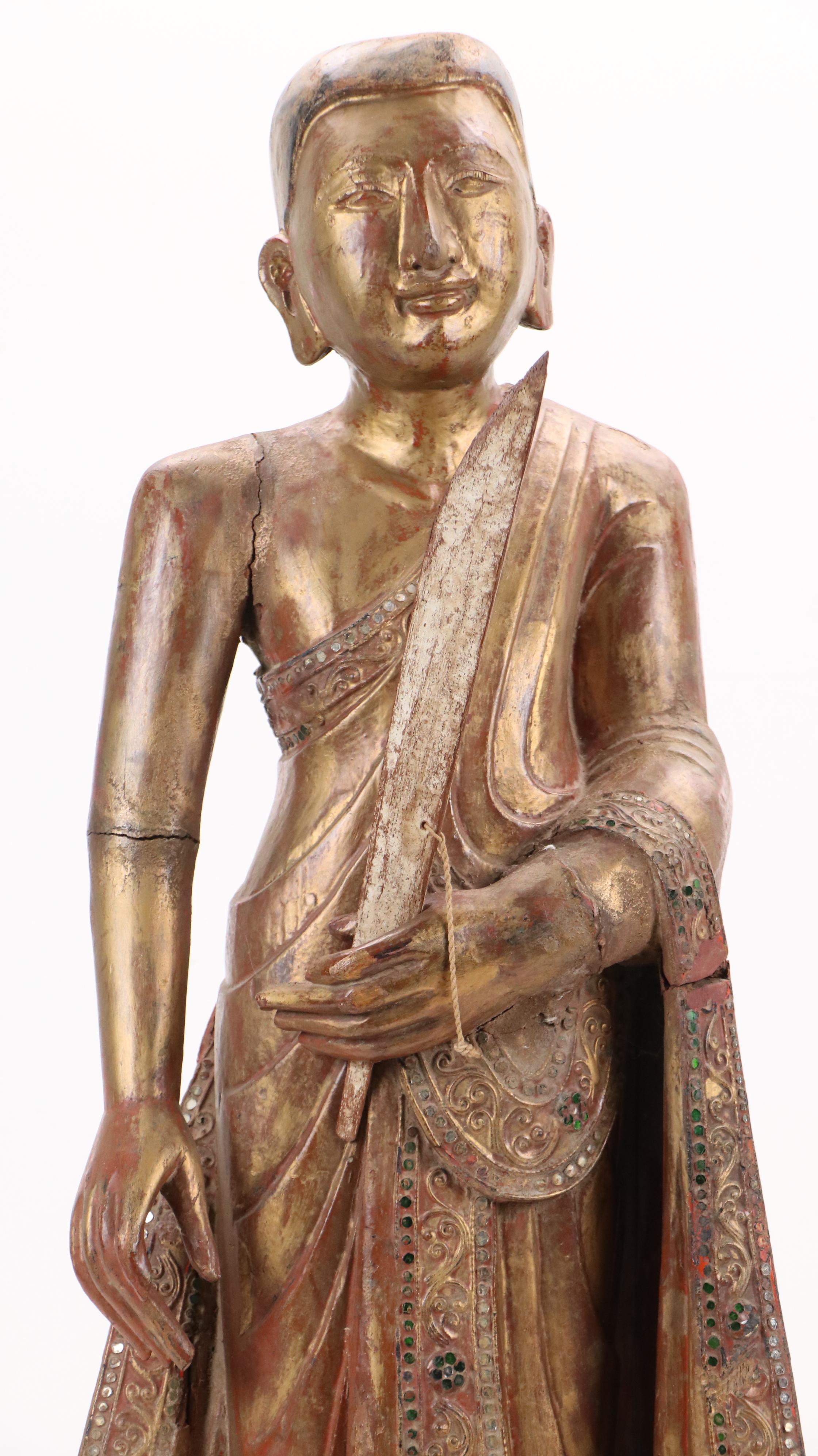 Burmese Embellished Wood Buddha Sculpture, Late 20th Century