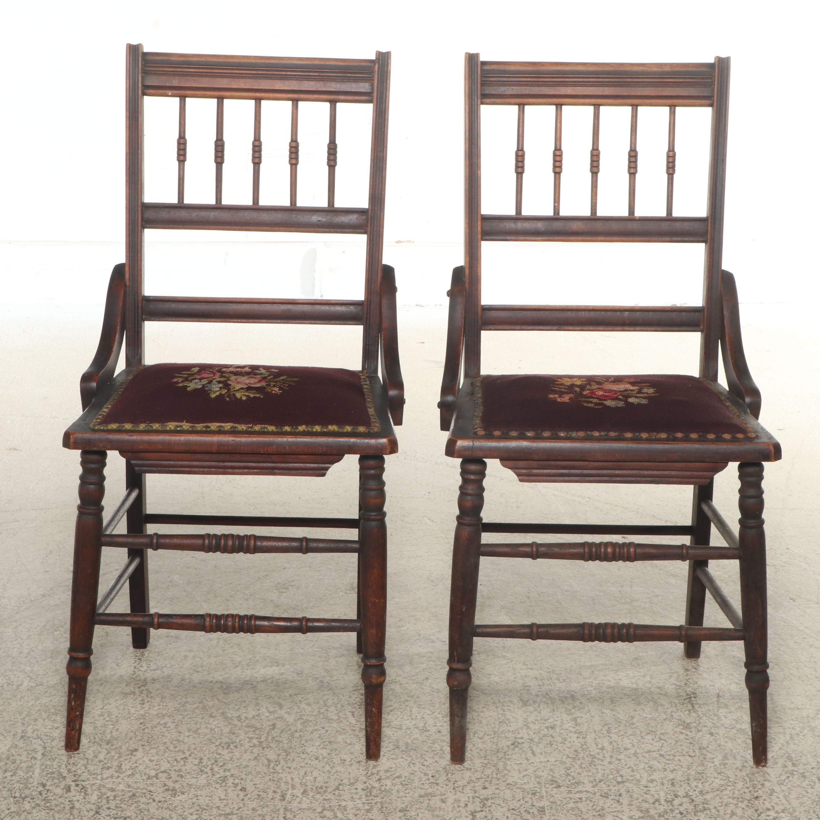 Pair of Eastlake Style Walnut Finish Chairs with Needlepoint Seats