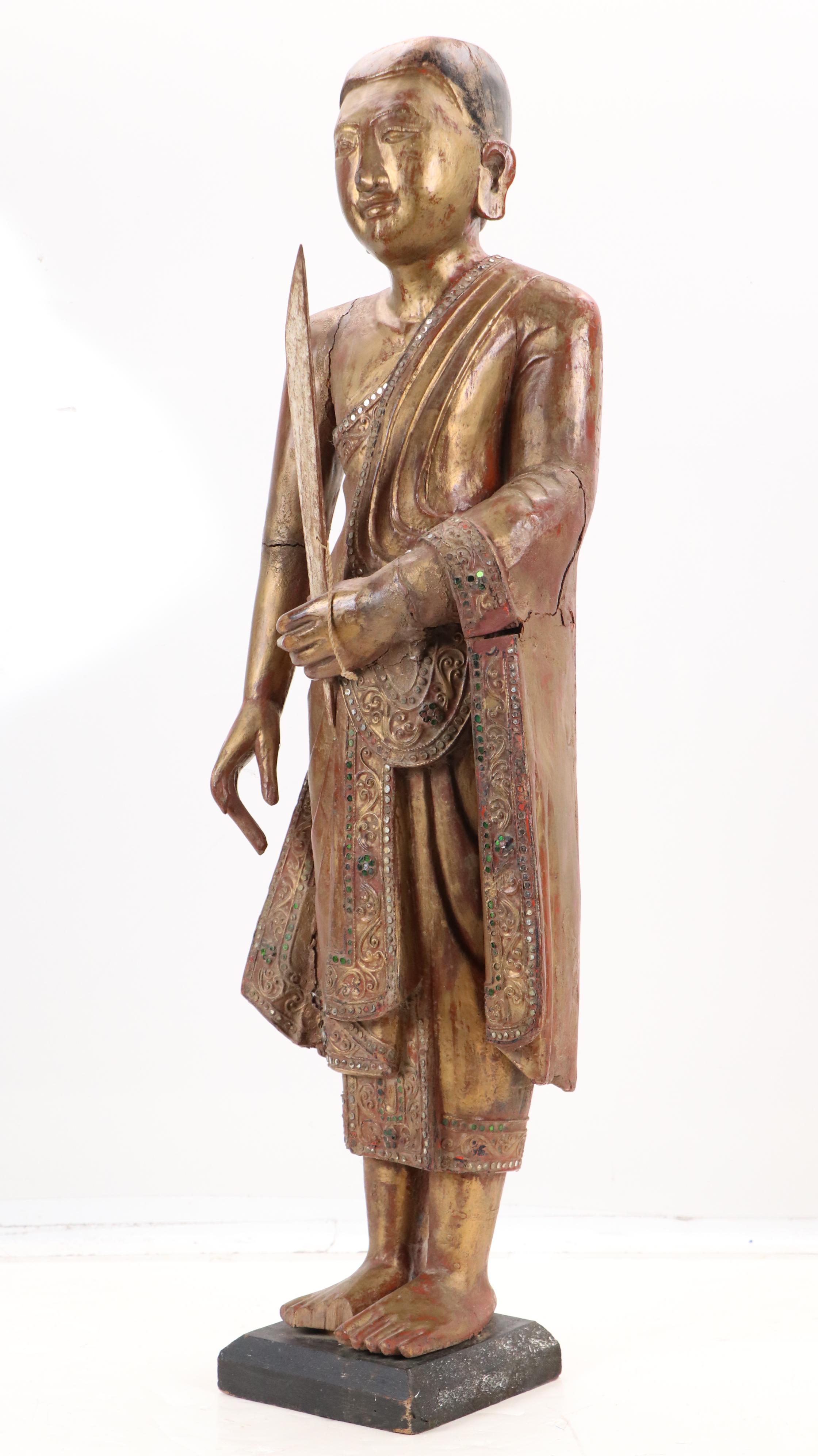 Burmese Embellished Wood Buddha Sculpture, Late 20th Century
