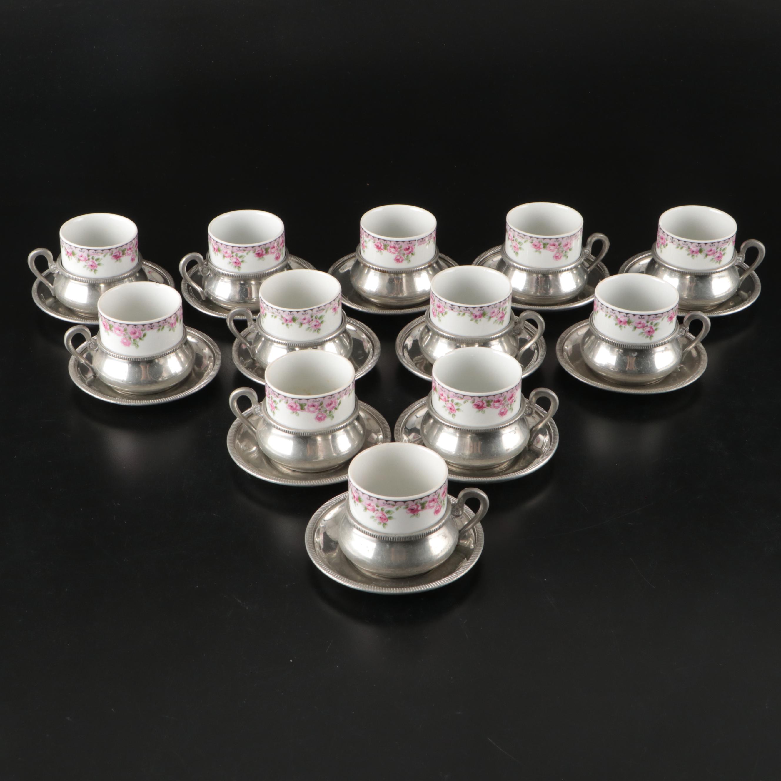 Ancap Porcelain Demitasse Cups with Italian Pewter Cup Holders and Saucers