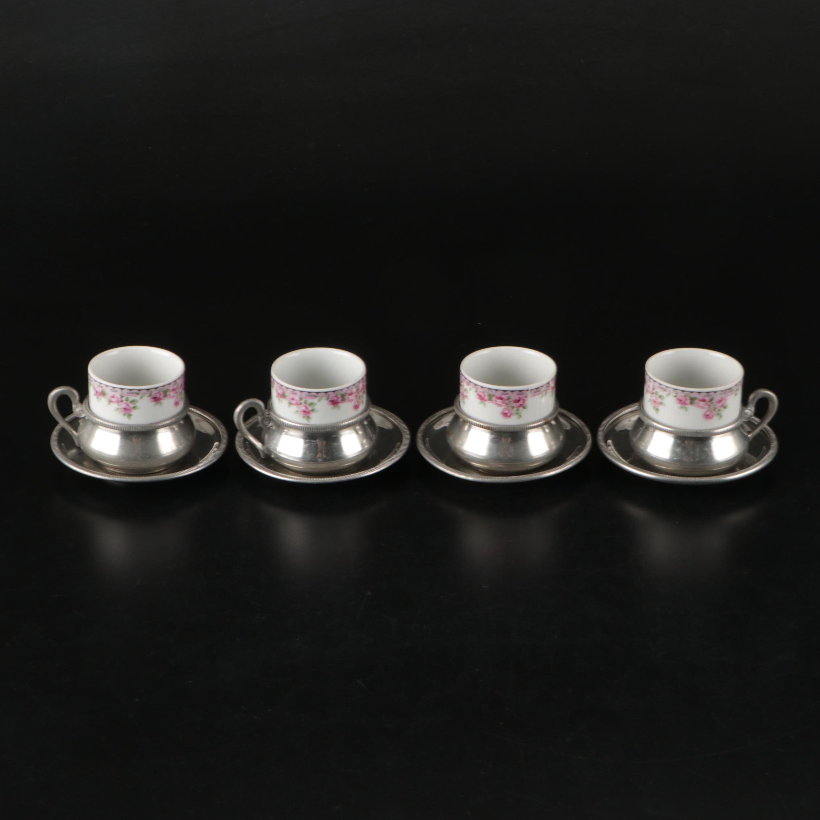 Ancap Porcelain Demitasse Cups with Italian Pewter Cup Holders and Saucers